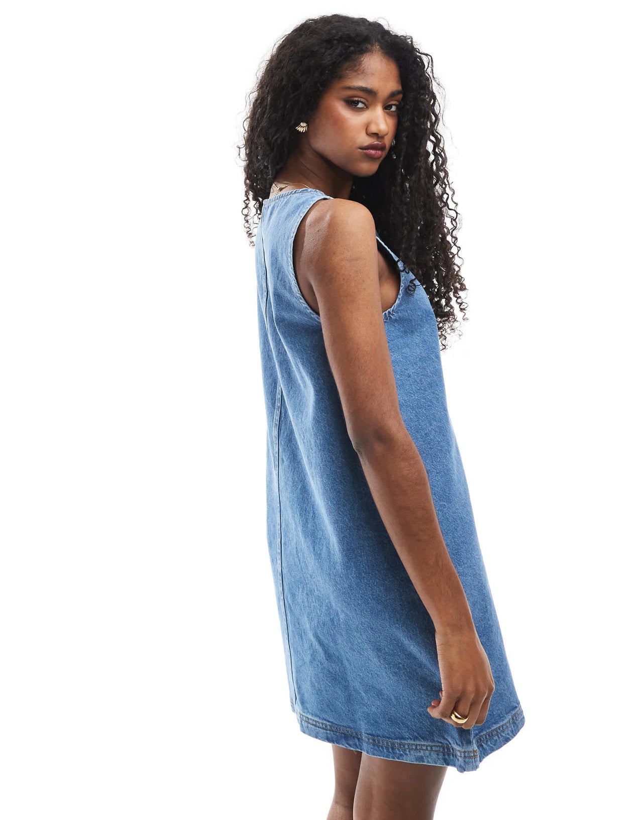 ASOS DESIGN denim shift mini dress with button detail in mid blue