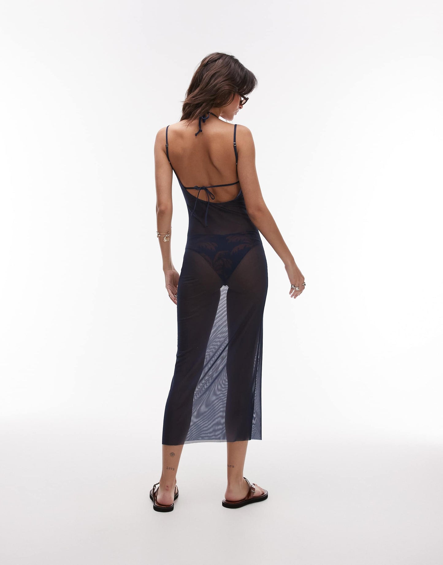 WeWoreWhat mesh palm print maxi slip dress in midnight blue and clay