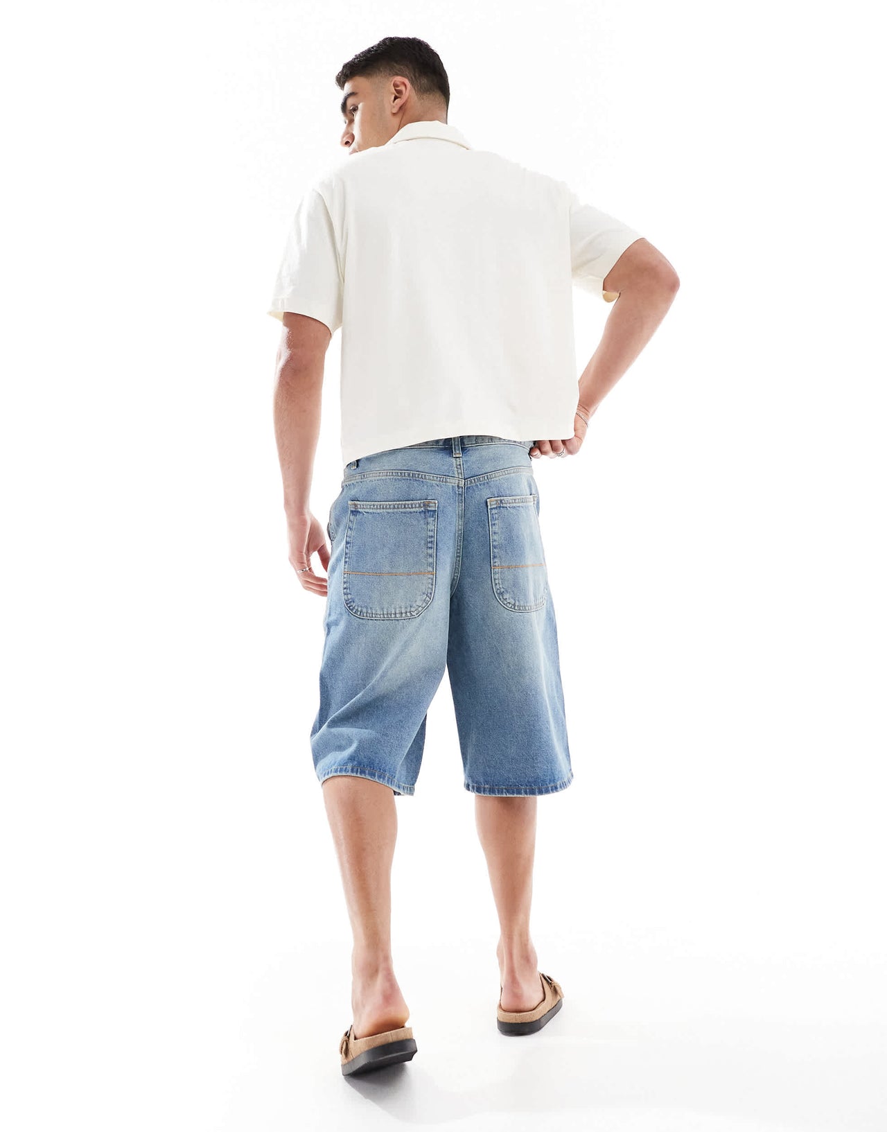 Bershka skater fit denim short in mid blue