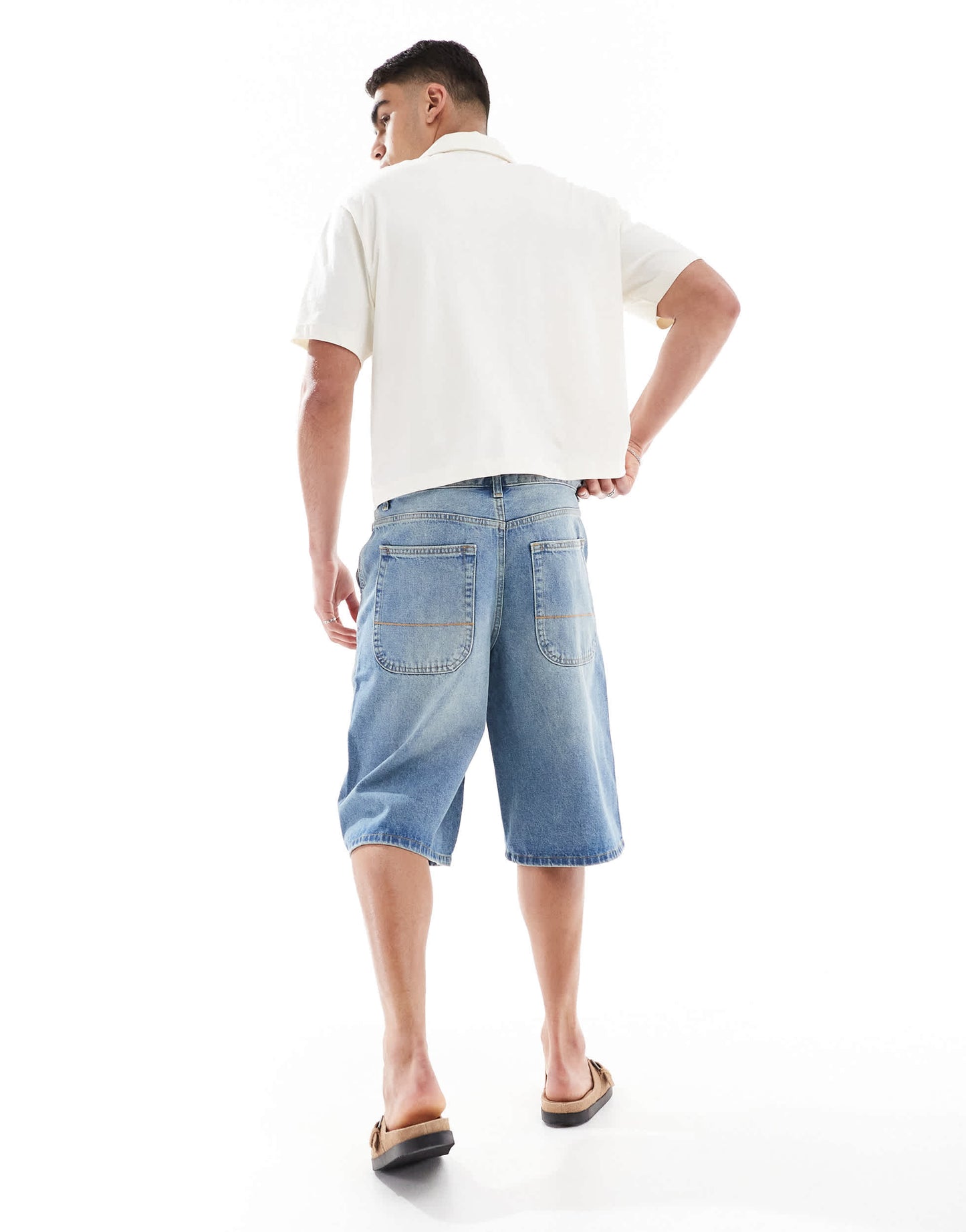 Bershka skater fit denim short in mid blue