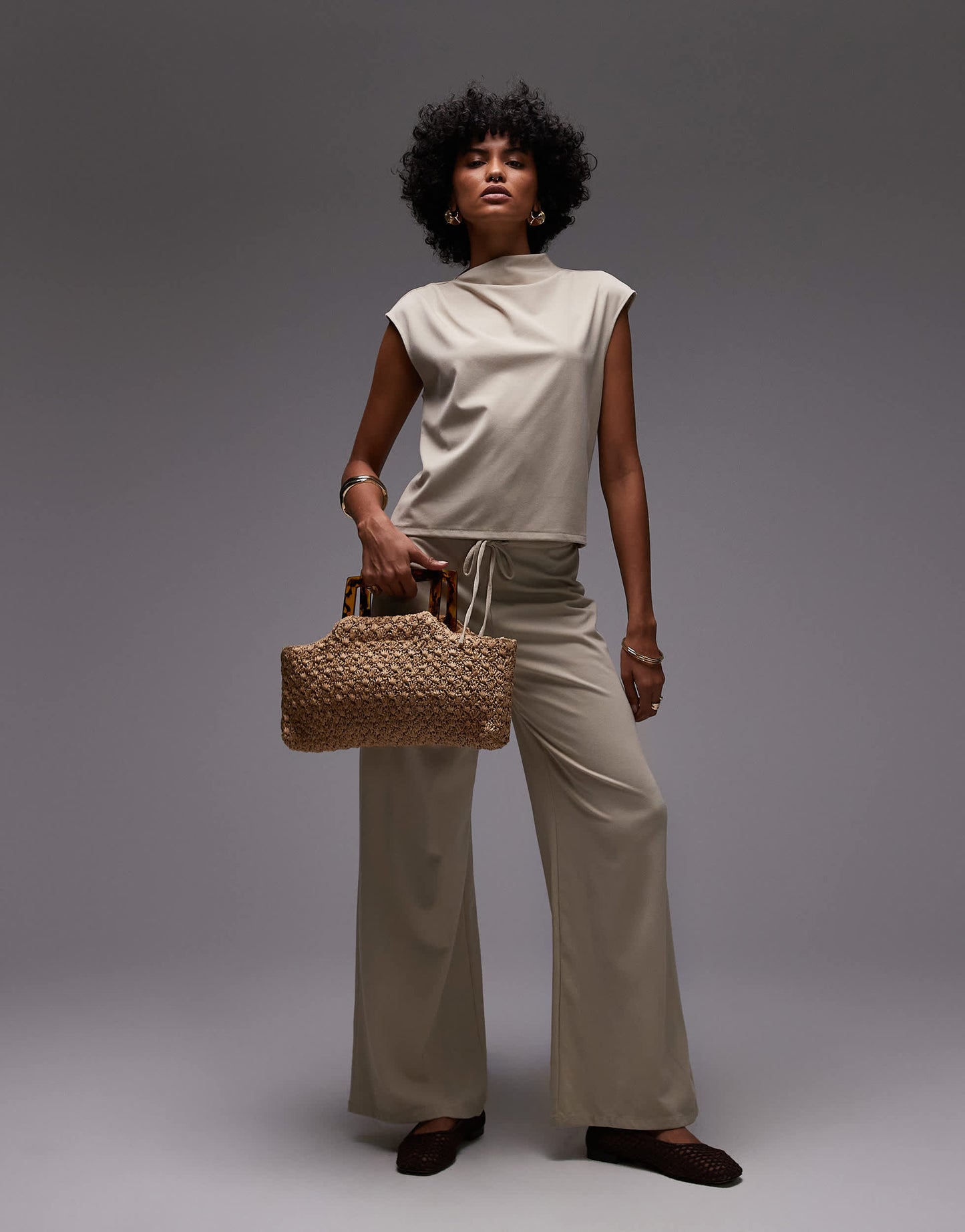 Mango tie waist wide leg polyamide trouser co-ord in beige