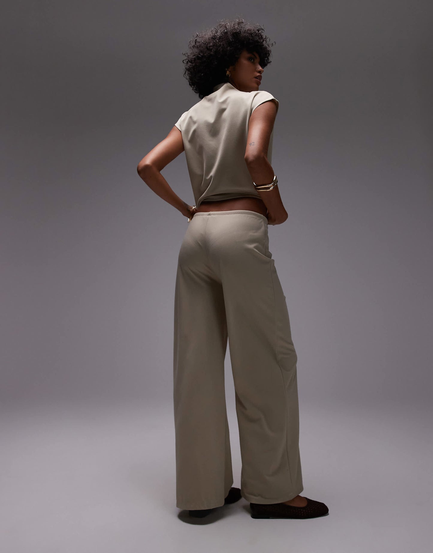 Mango tie waist wide leg polyamide trouser co-ord in beige