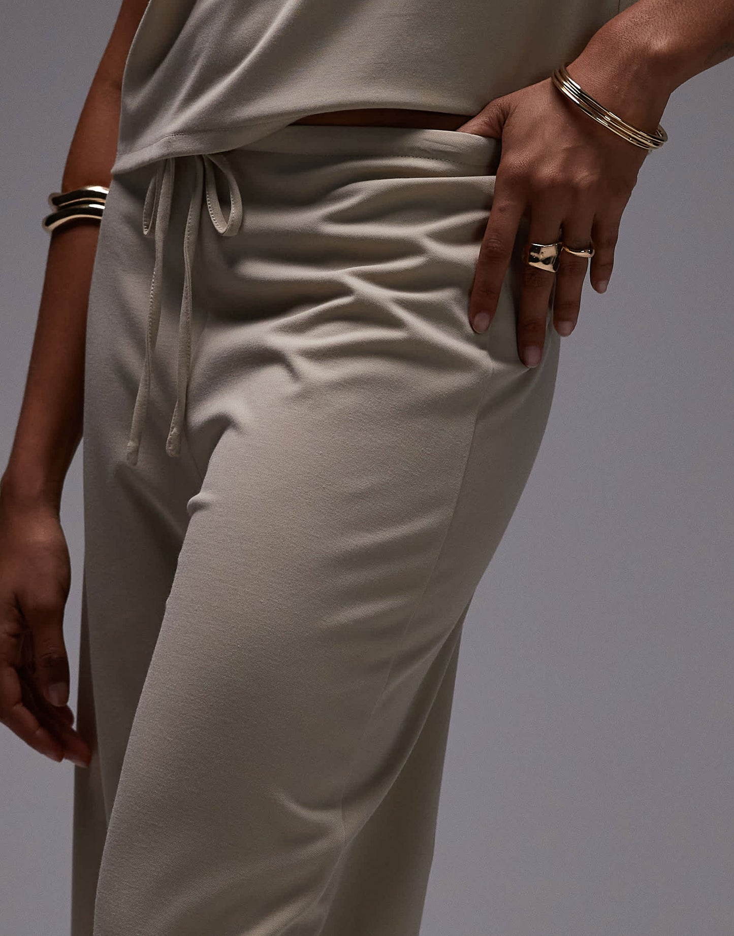 Mango tie waist wide leg polyamide trouser co-ord in beige