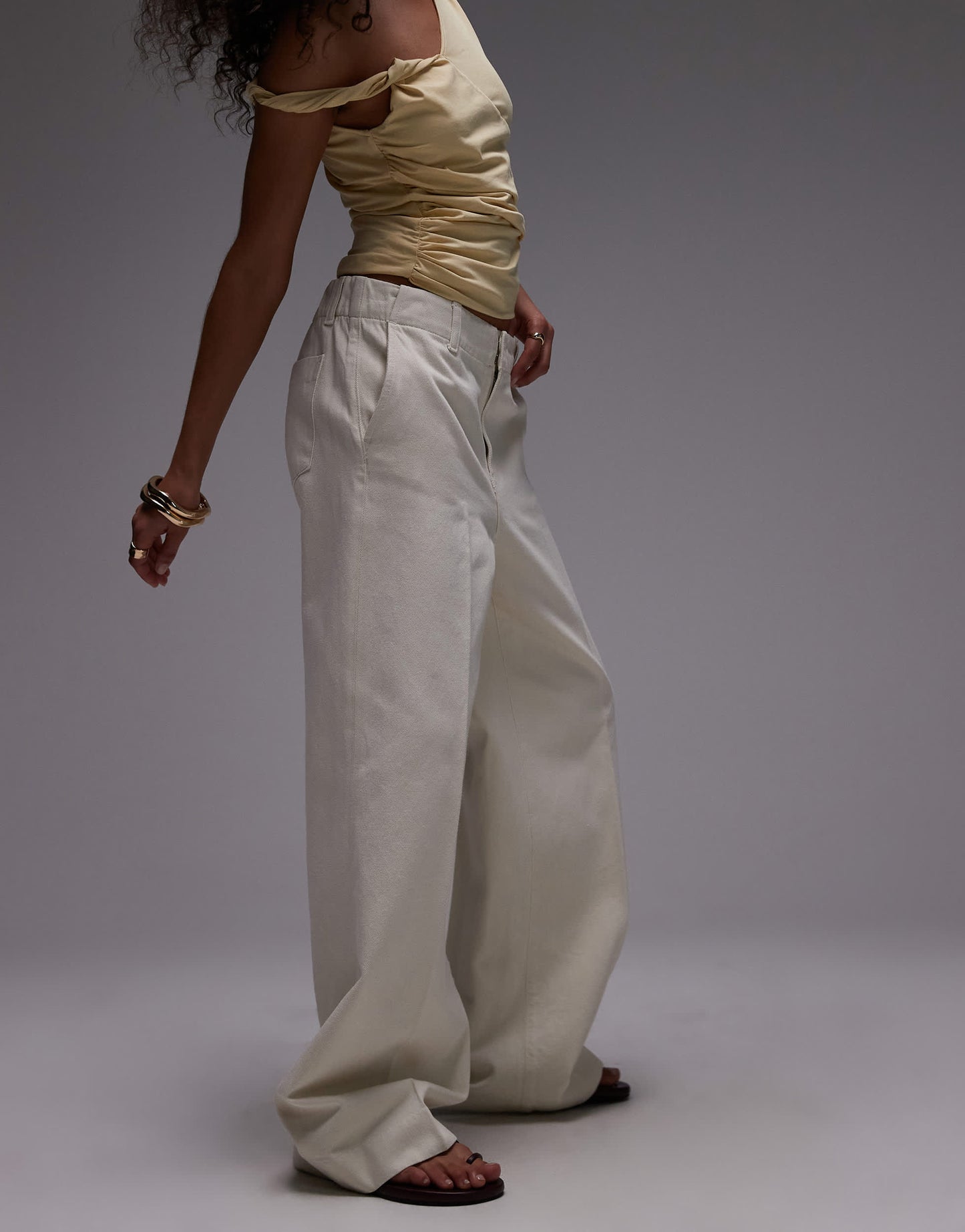 Mango elasticated waist wide leg trouser in white