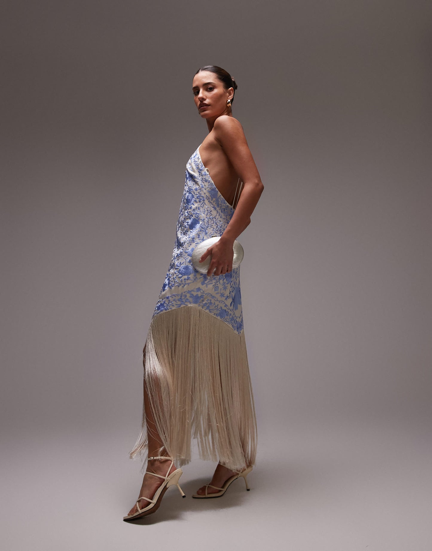 Mango embroidered satin scarf dress with fringe hem in blue