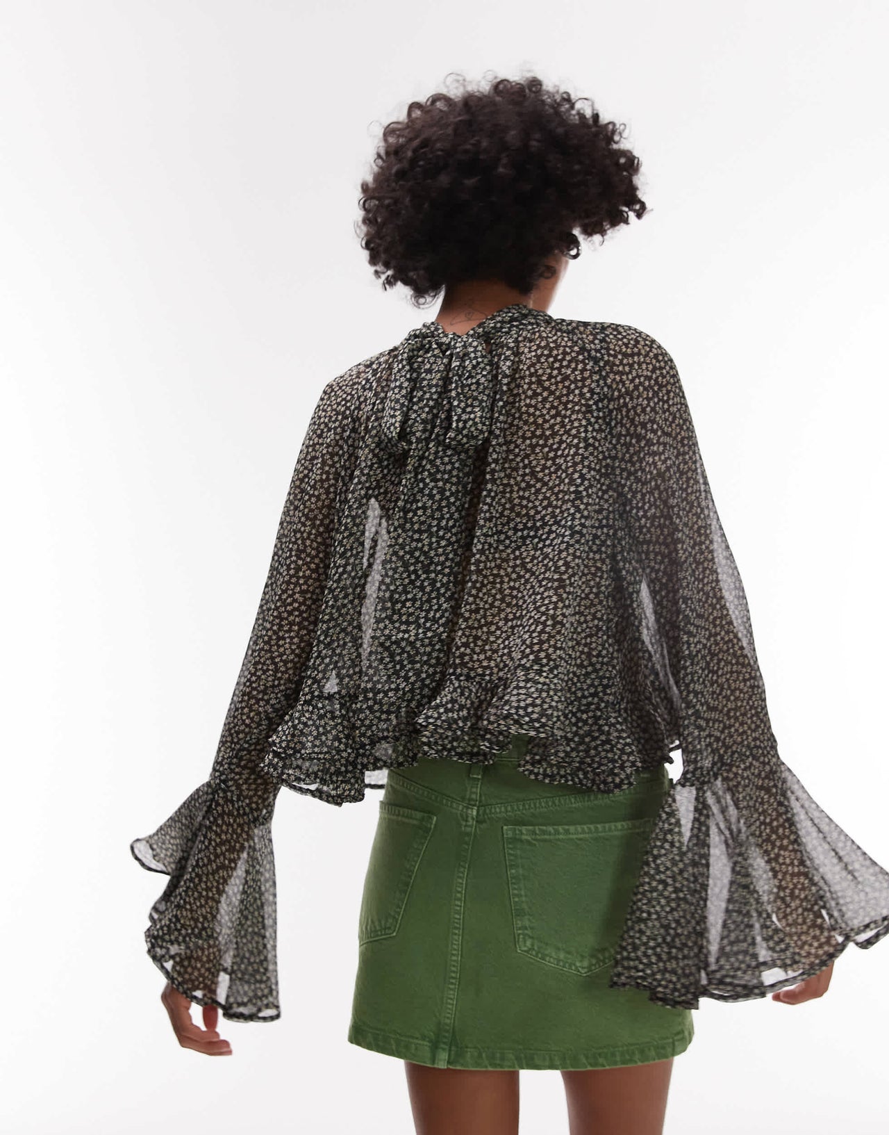 Mango flute sleeve printed blouse in black