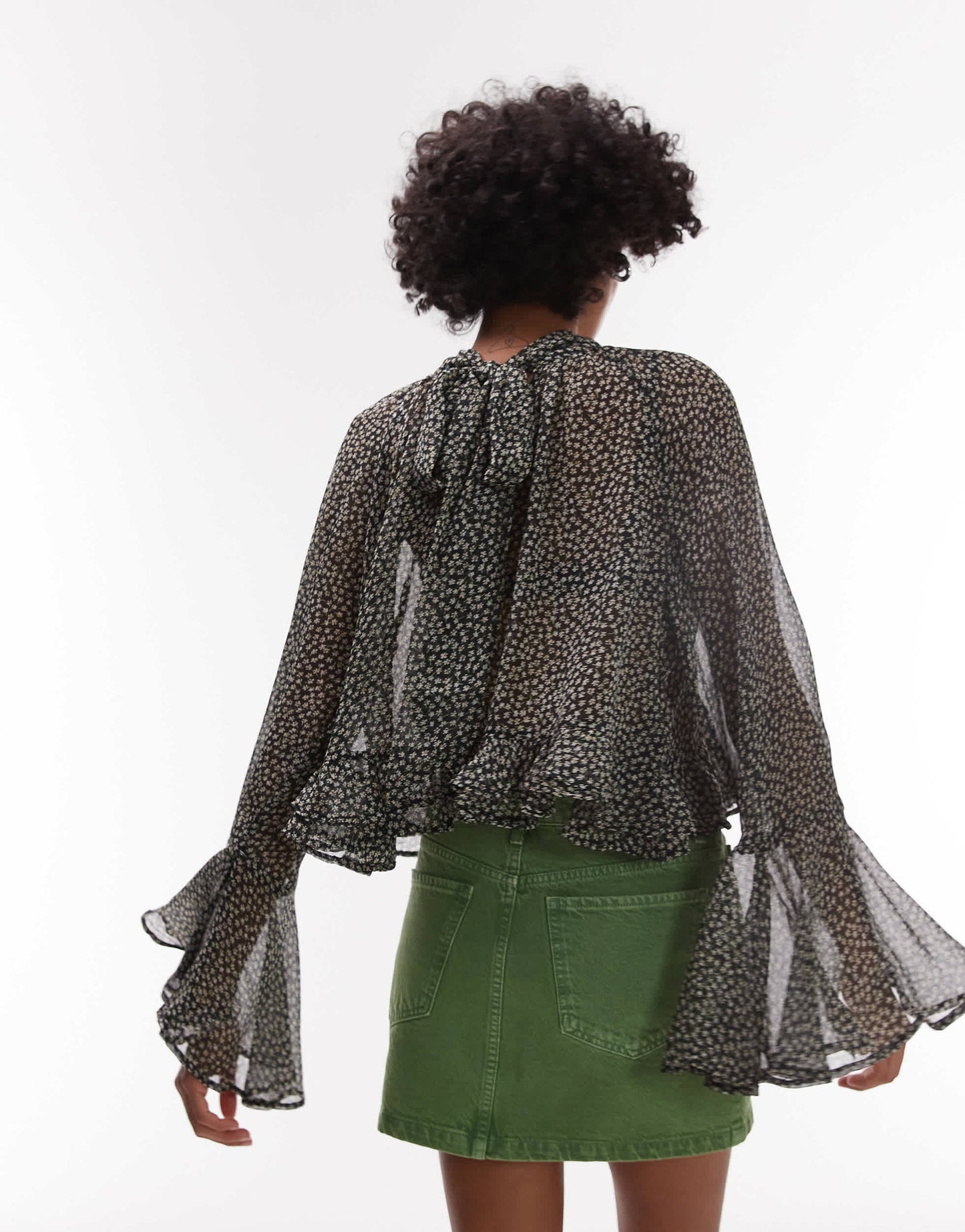Mango flute sleeve printed blouse in black