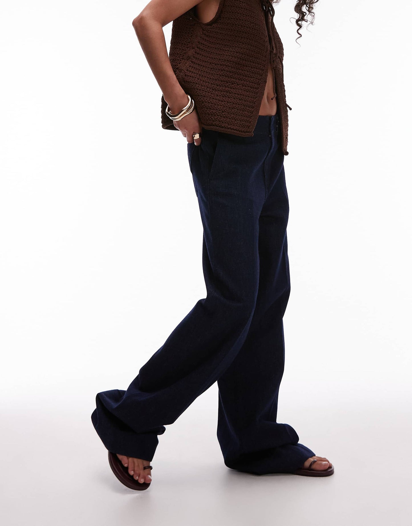 Mango elasticated waist wide leg trouser in dark blue