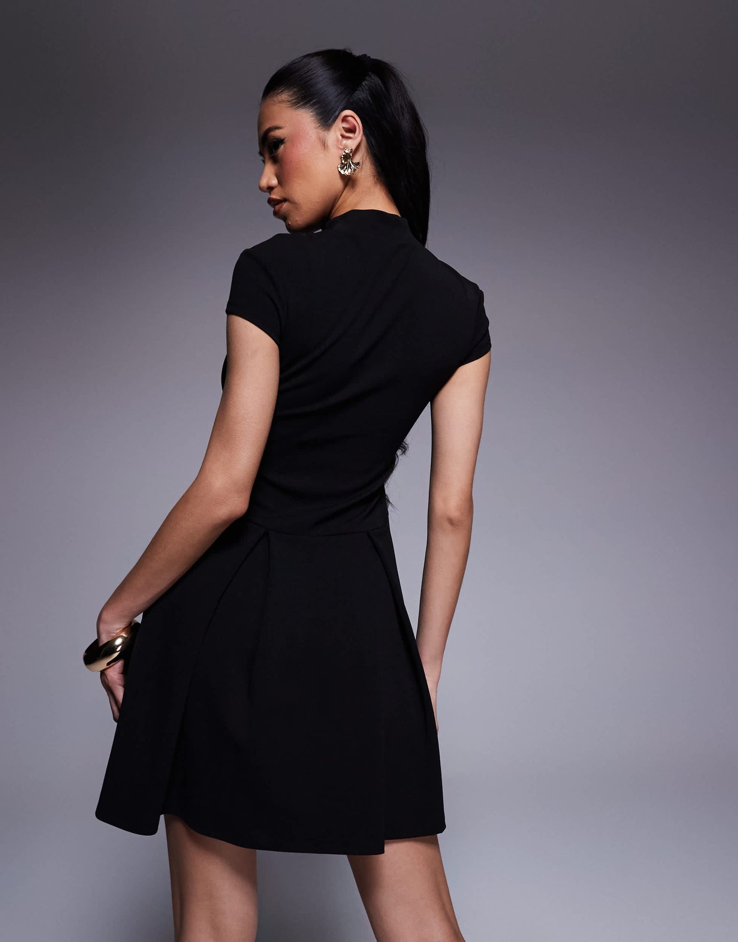 ASOS DESIGN high neck cap sleeve with button detail mini dress in black