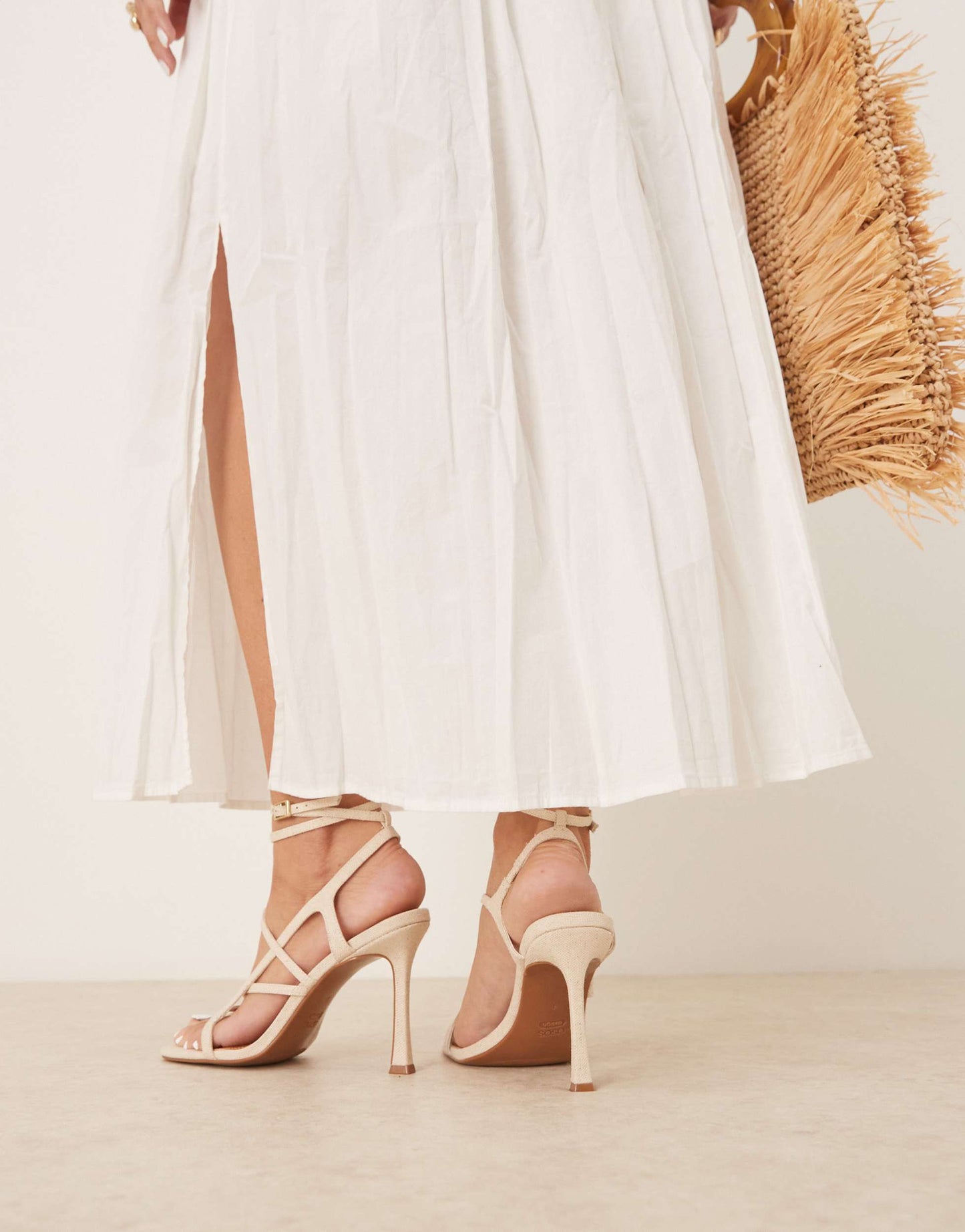 ASOS DESIGN Nutty caged high heeled sandals in natural linen