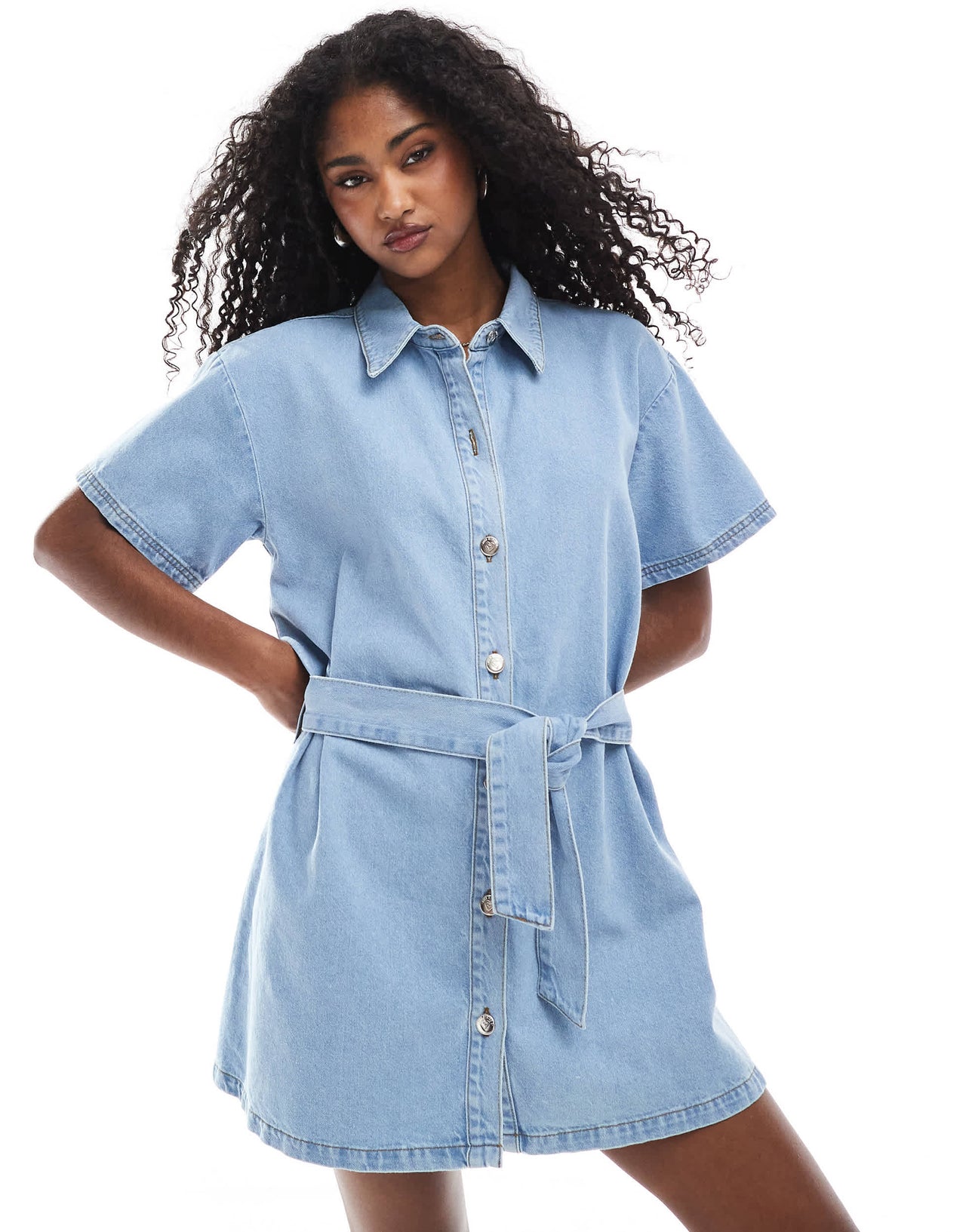 Miss Selfridge belted mini dress in mid wash