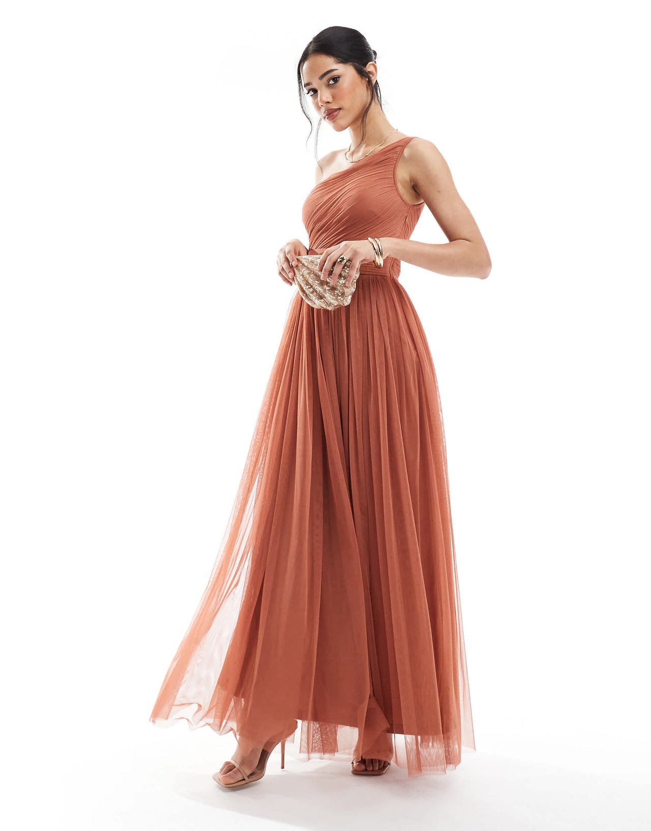Lace & Beads Bridesmaid one shoulder maxi dress in terracotta