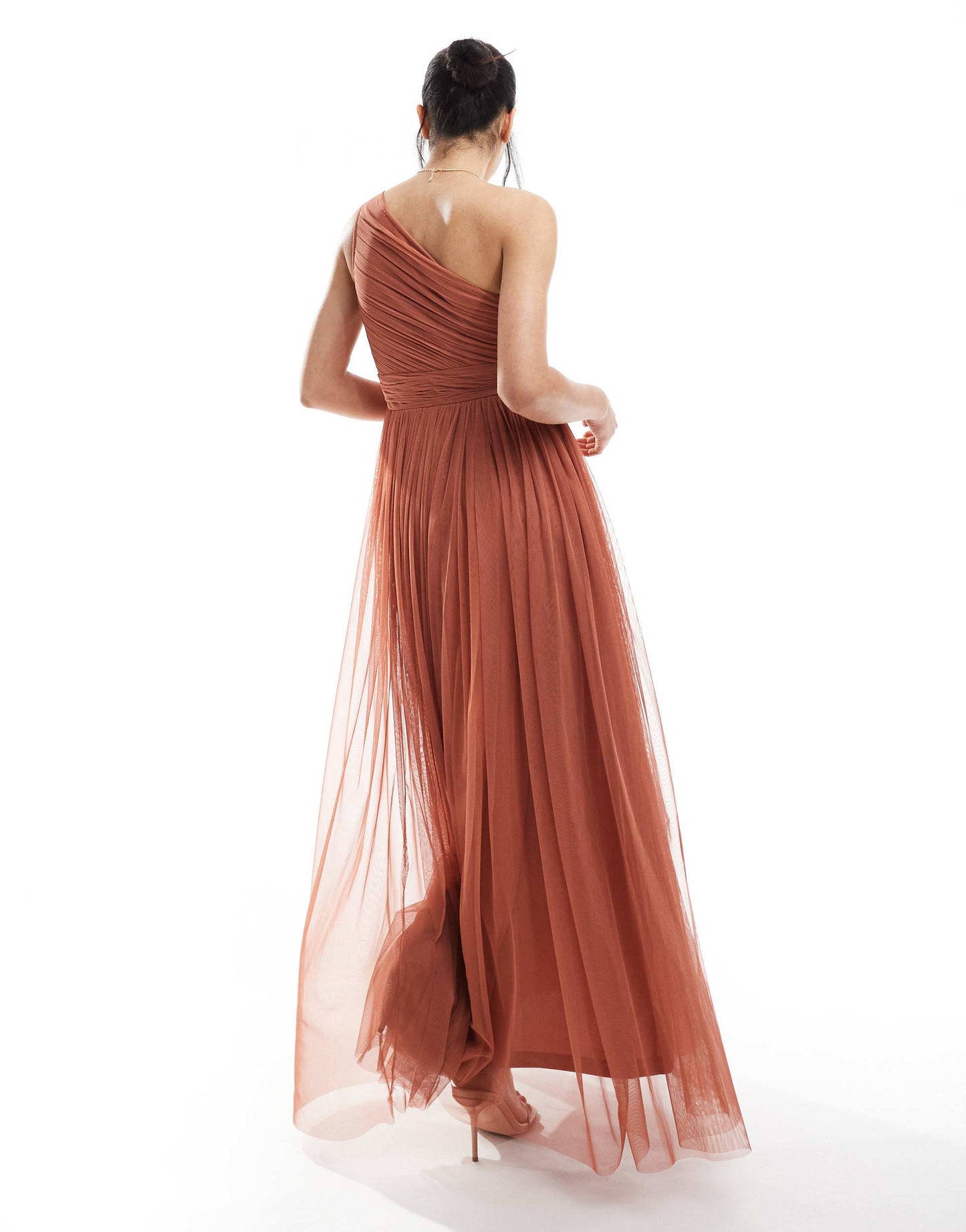 Lace & Beads Bridesmaid one shoulder maxi dress in terracotta