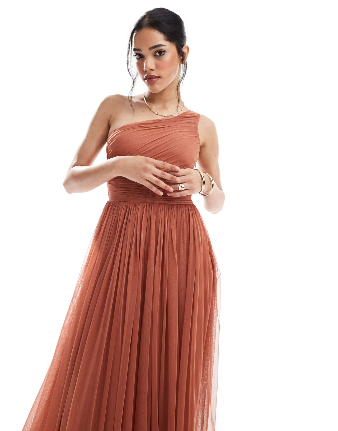 Lace & Beads Bridesmaid one shoulder maxi dress in terracotta