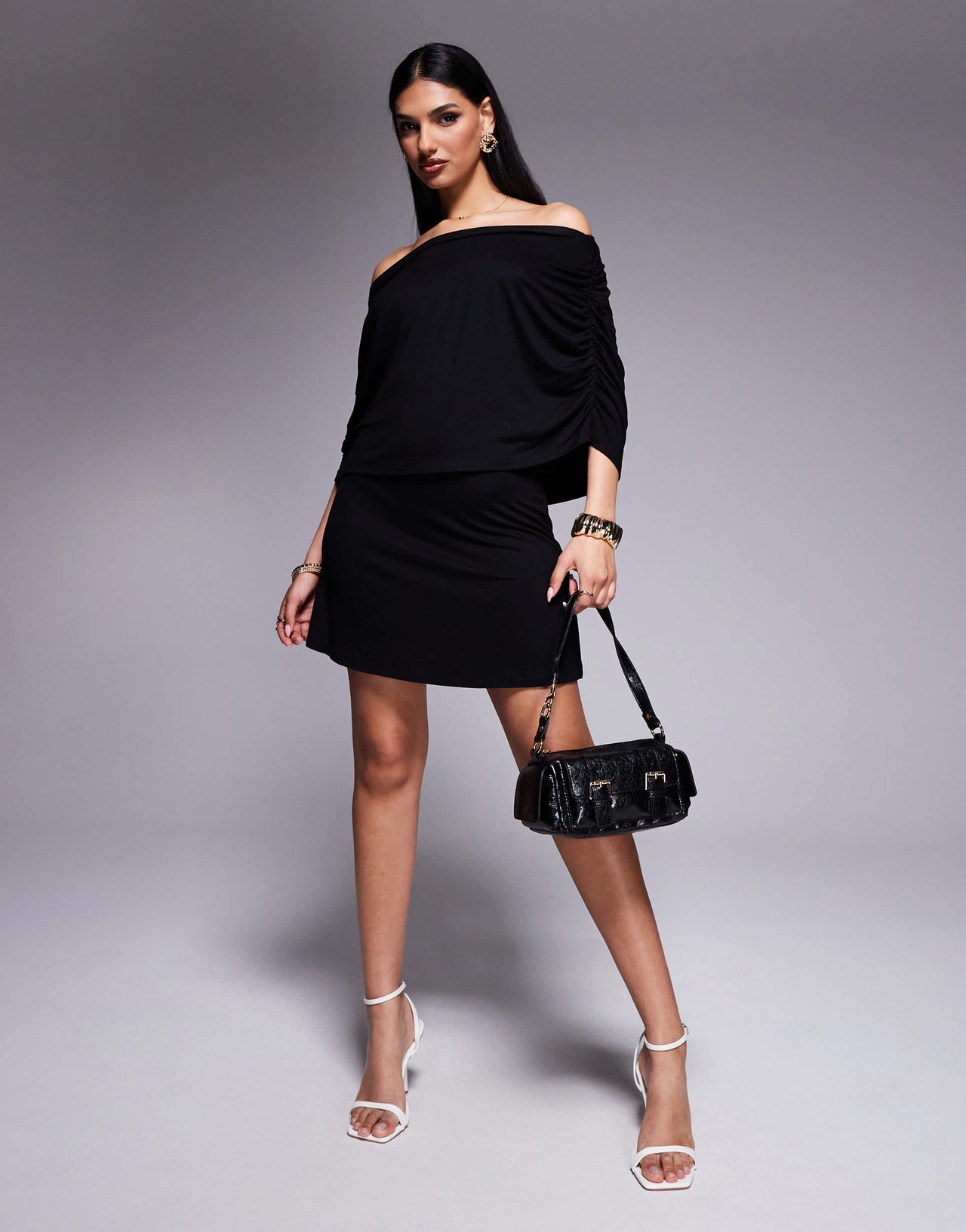 ASOS DESIGN bardot cape overlay mini dress in black
