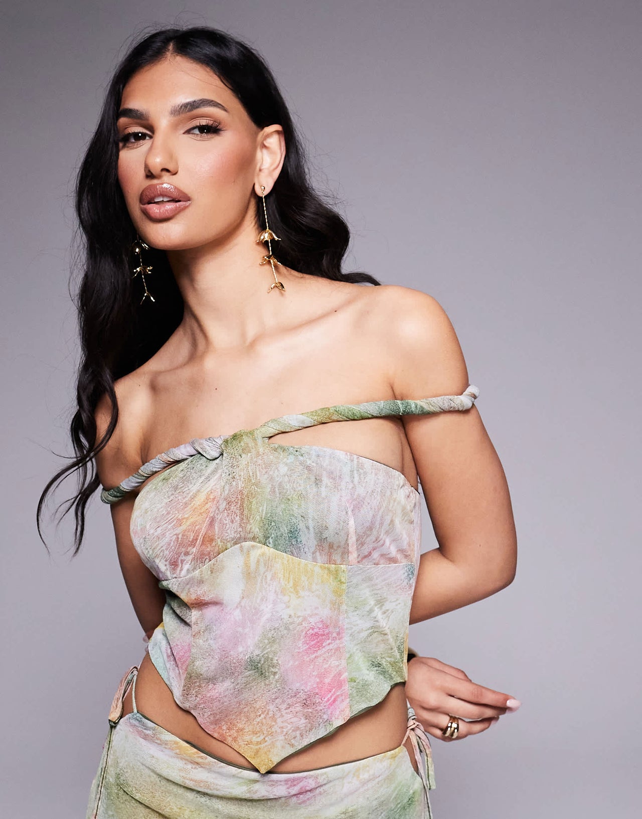 ASOS DESIGN mesh bardot faux-ord with twisted straps maxi dress in blurred pastel floral print