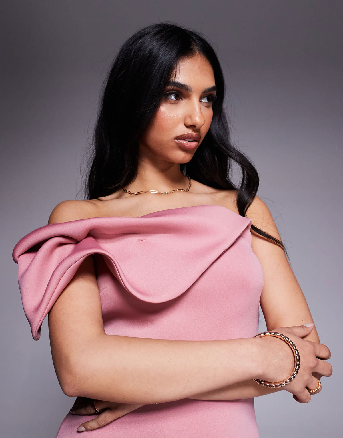 ASOS DESIGN  bardot midi dress with twisted strap in dusty rose in scuba-style fabric