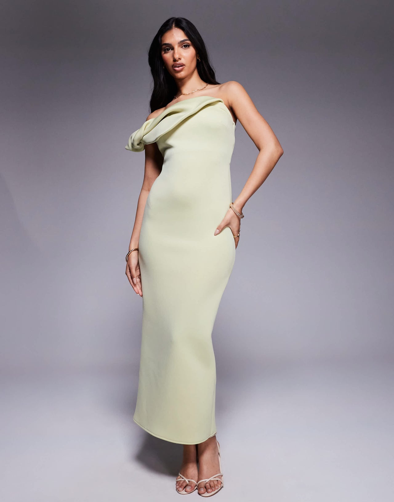 ASOS DESIGN  bardot midi dress with twisted strap in pastel green in scuba-style fabric