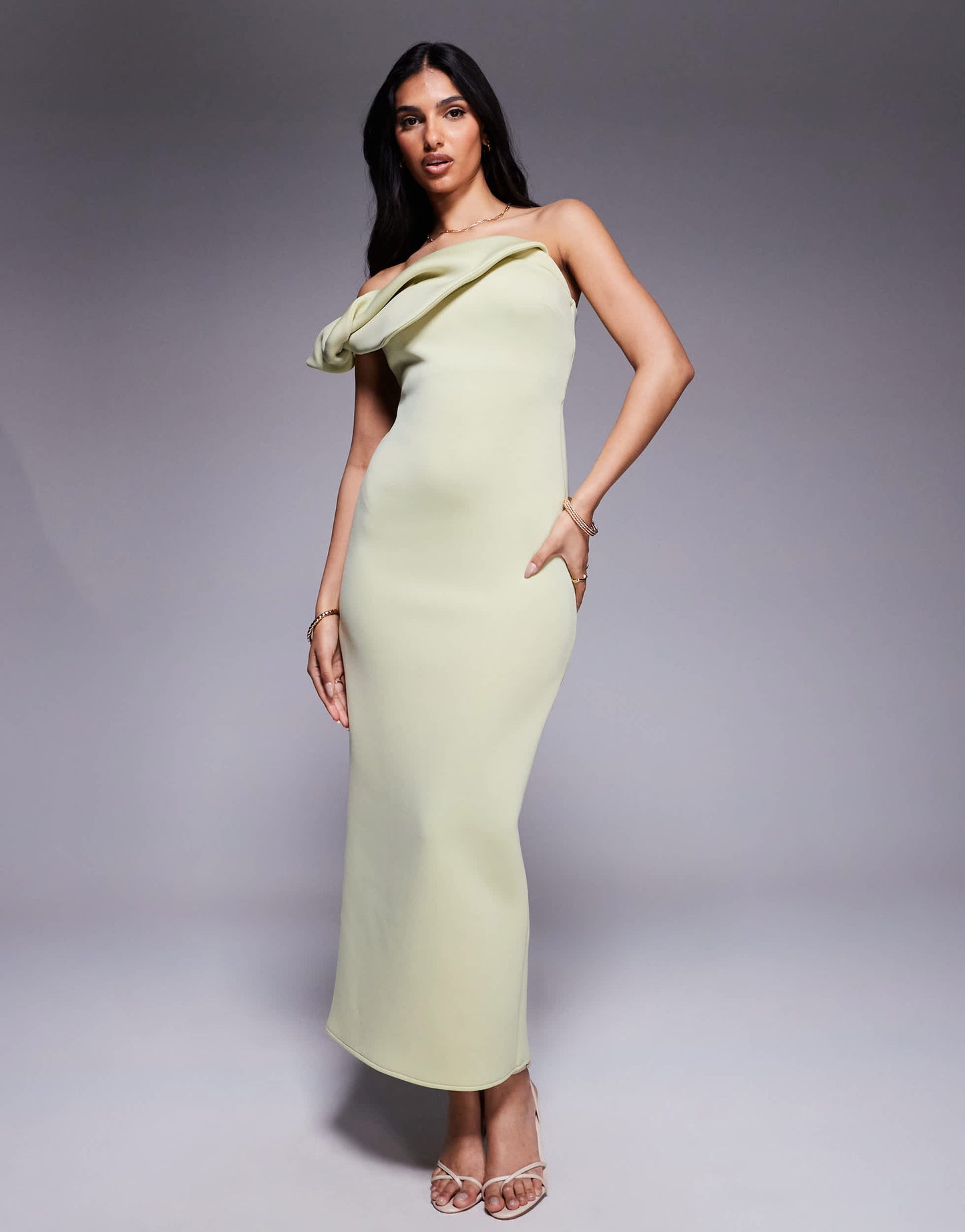 ASOS DESIGN  bardot midi dress with twisted strap in pastel green in scuba-style fabric