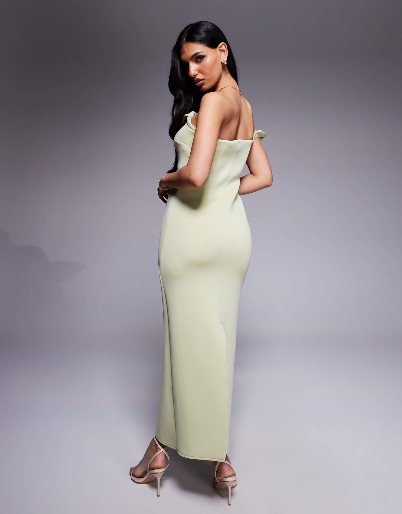ASOS DESIGN  bardot midi dress with twisted strap in pastel green in scuba-style fabric