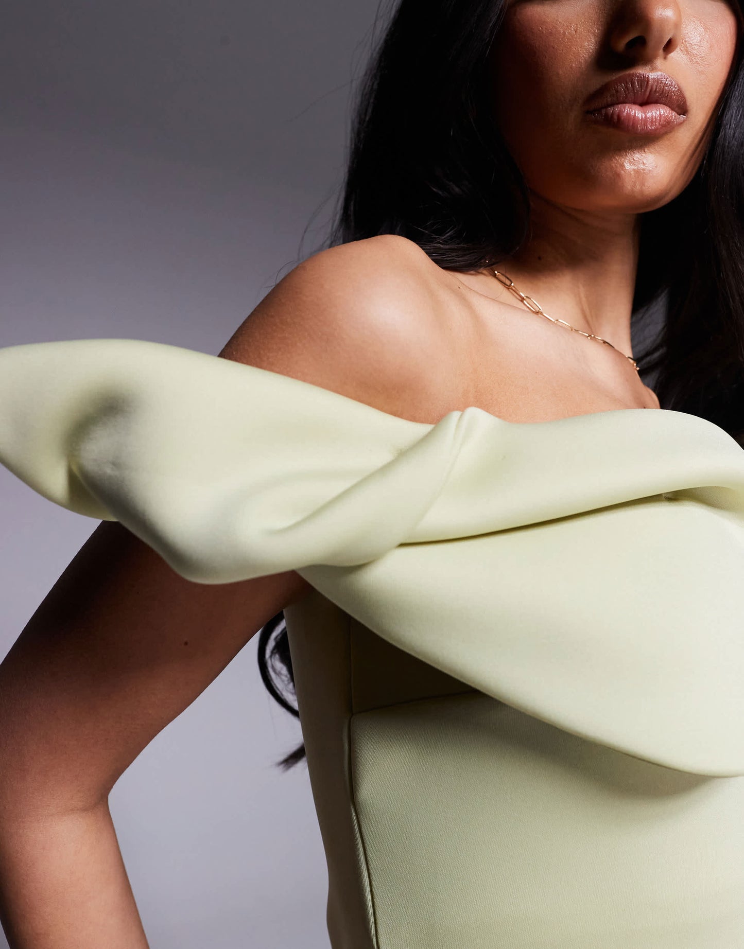ASOS DESIGN  bardot midi dress with twisted strap in pastel green in scuba-style fabric