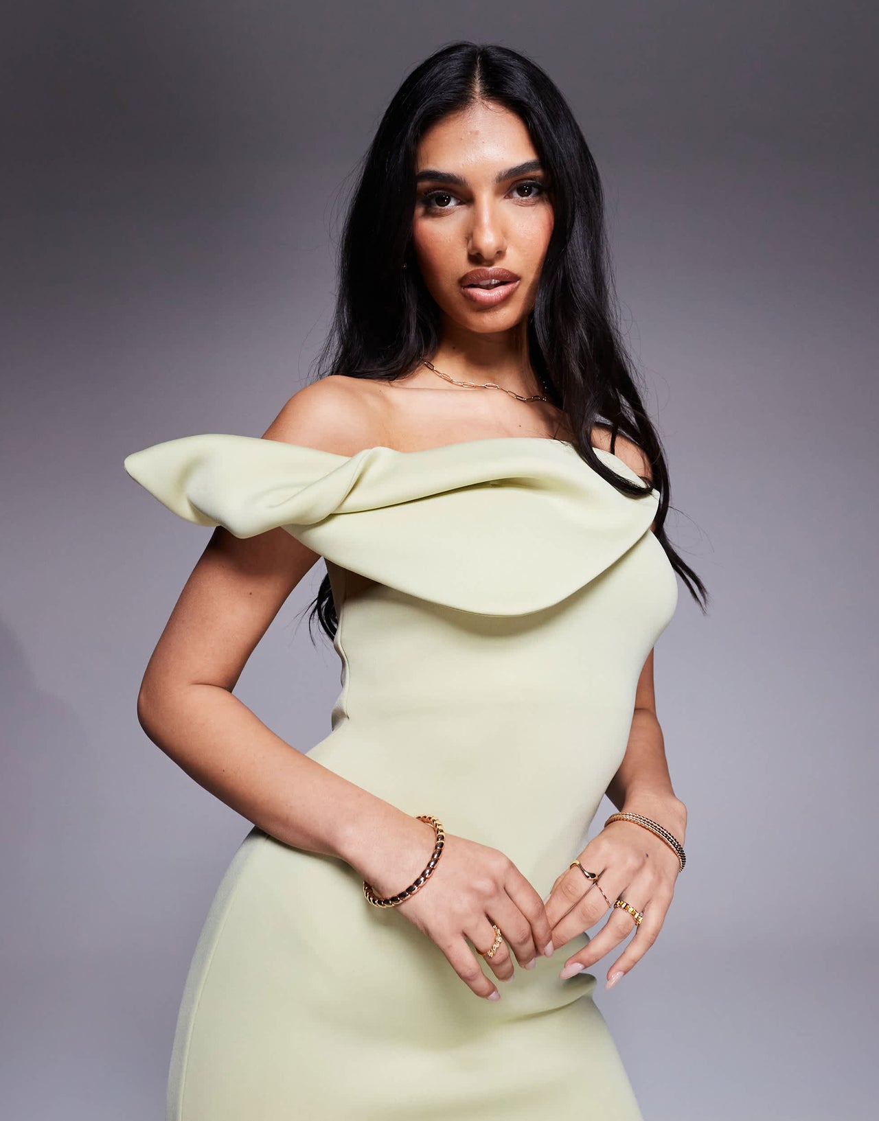 ASOS DESIGN  bardot midi dress with twisted strap in pastel green in scuba-style fabric