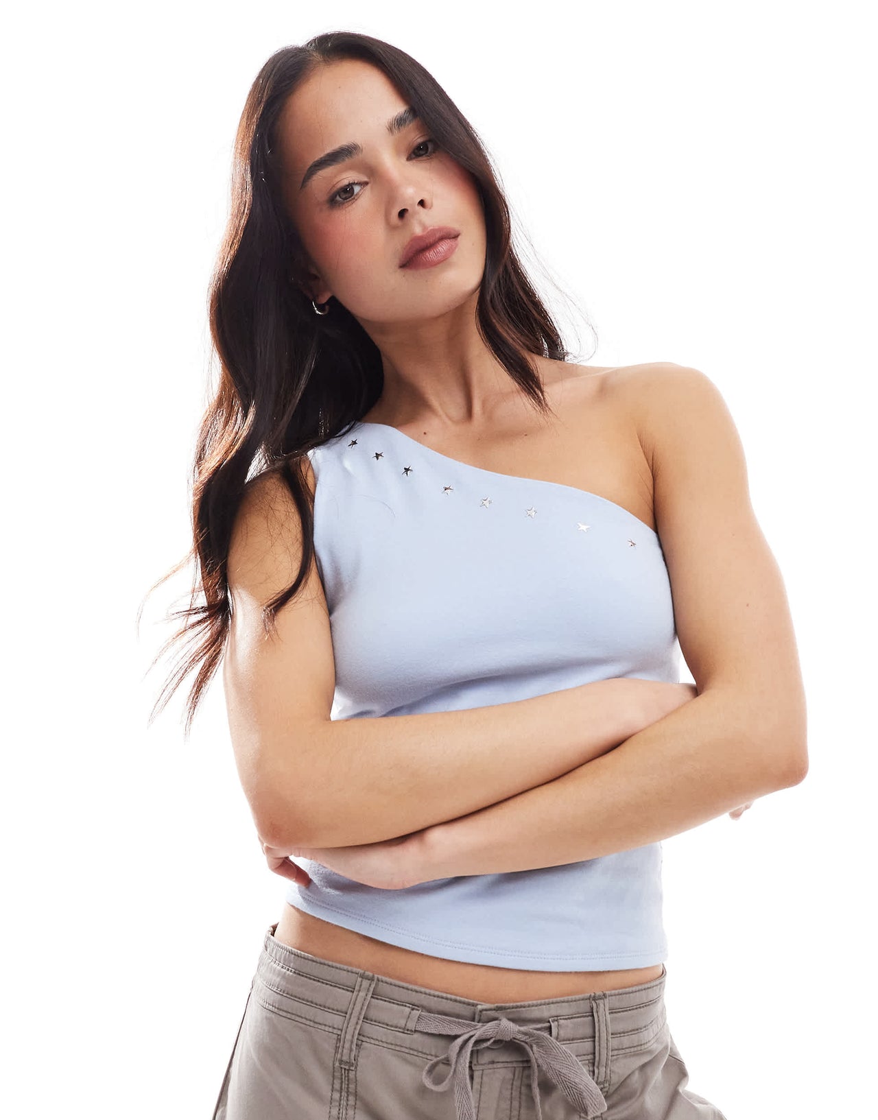 Hollister diamante motif one shoulder top in blue
