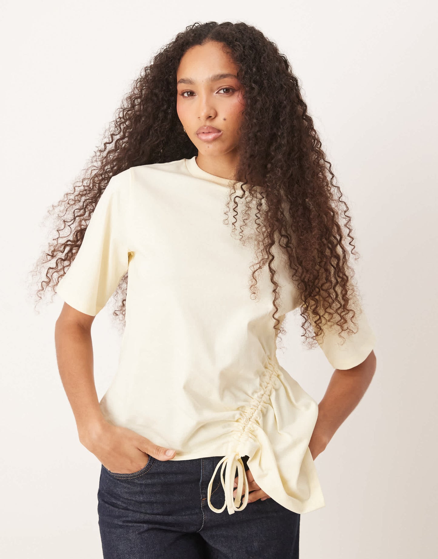 ASOS DESIGN oversized t shirt with  drawstring godet detail t shirt in cream