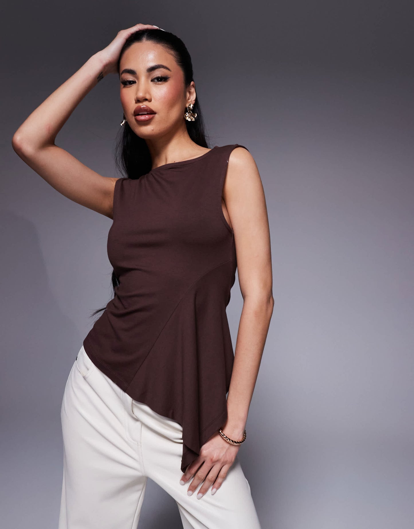 ASOS DESIGN sleeveless godet detail top in brown