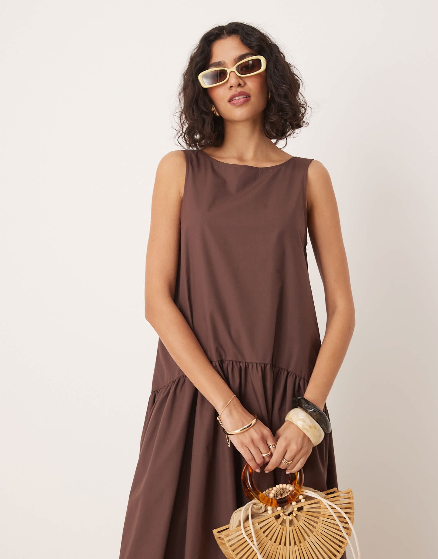 ASOS DESIGN drop waist cotton maxi dress in chocolate