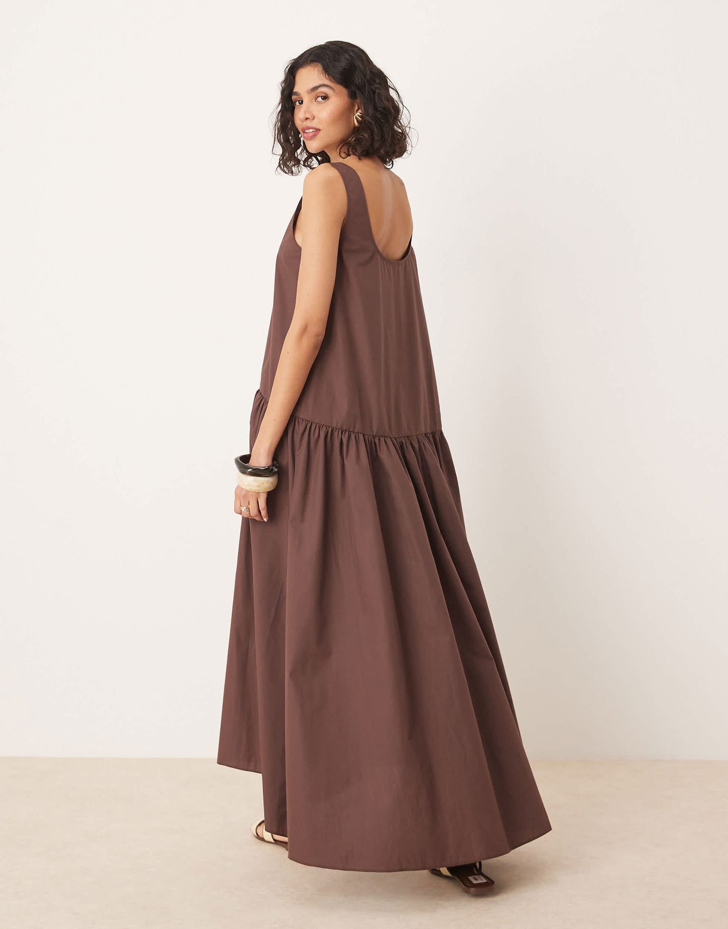 ASOS DESIGN drop waist cotton maxi dress in chocolate