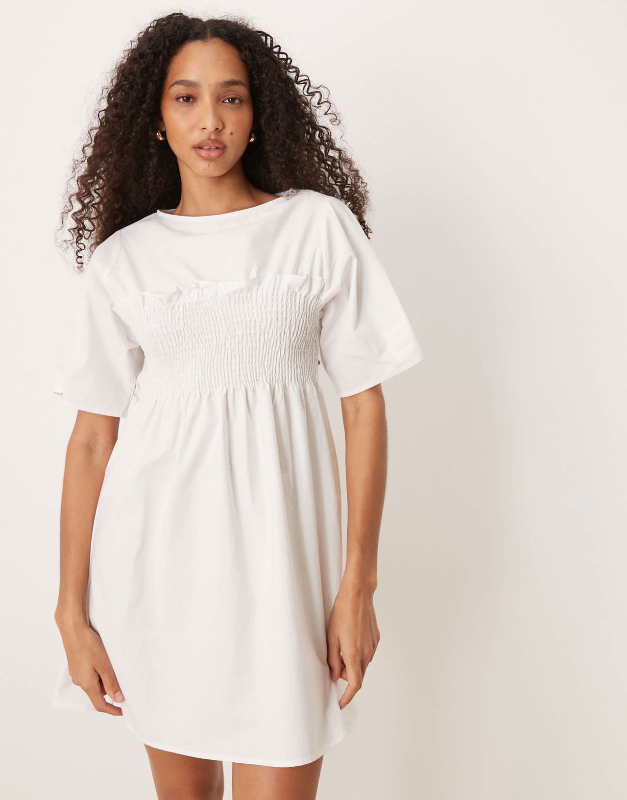 ASOS DESIGN shirred babydoll trapeze mini dress in white