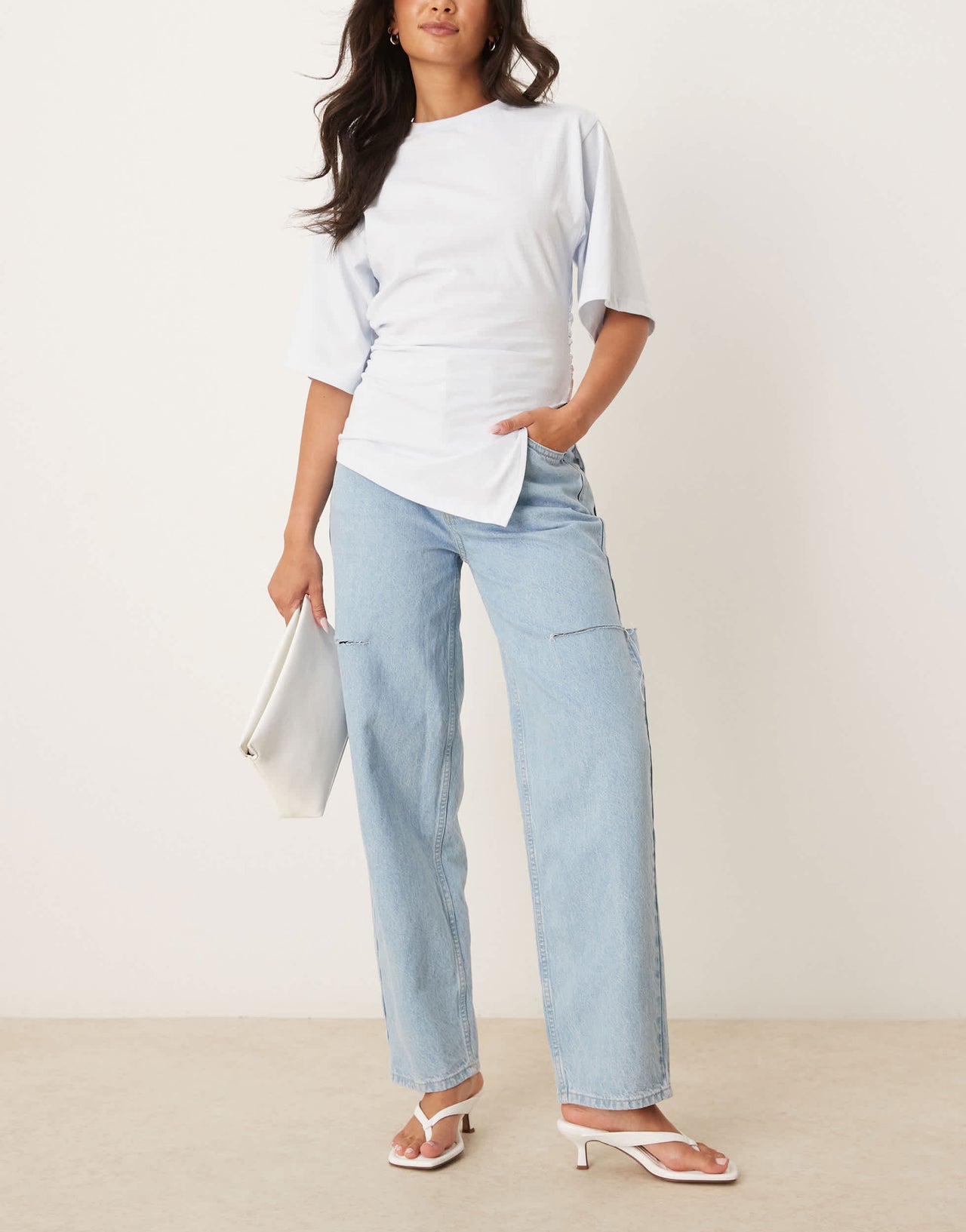 ASOS DESIGN high waisted barrel jean with thigh rips in lightwash