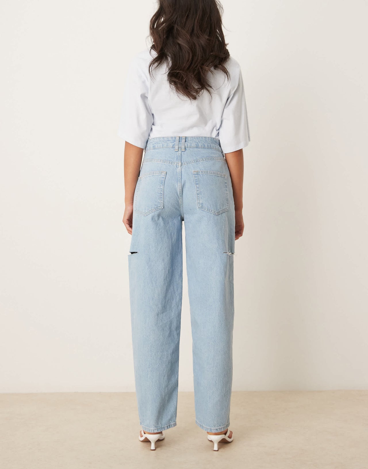 ASOS DESIGN high waisted barrel jean with thigh rips in lightwash