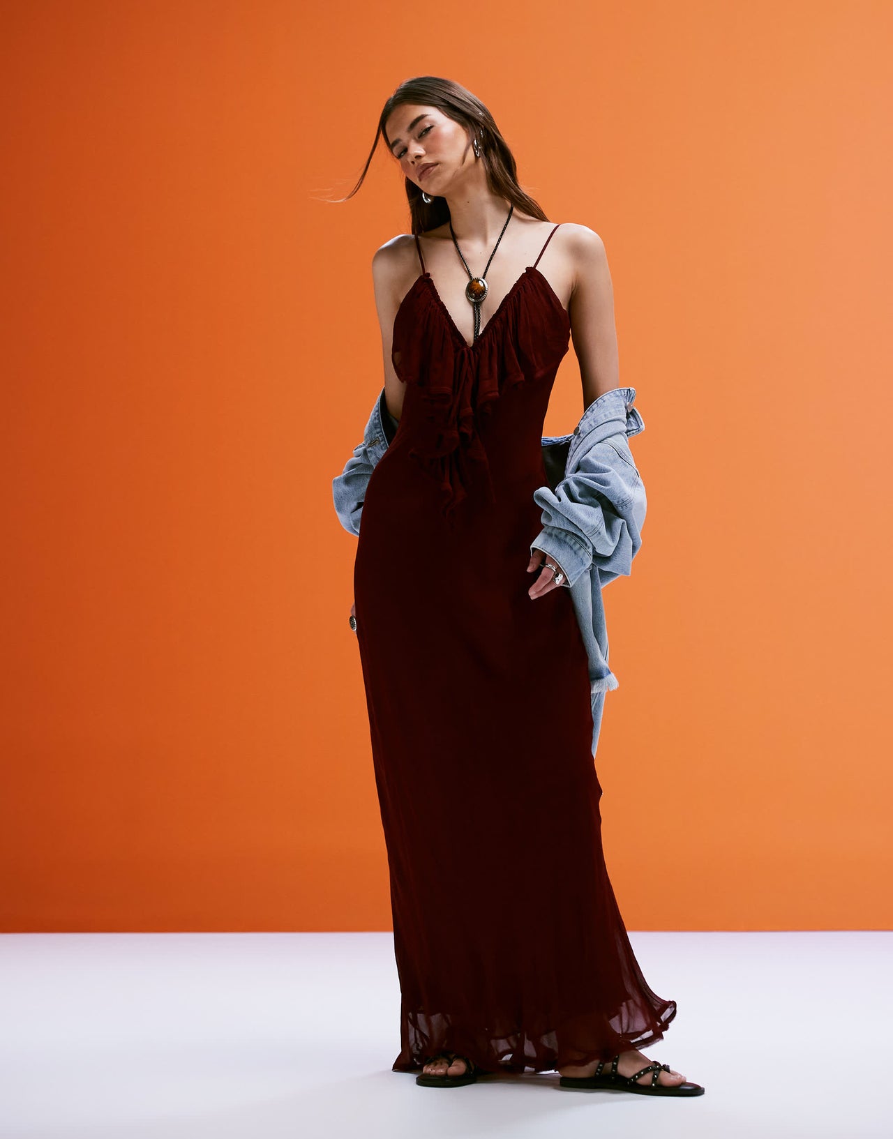 Mango ruffle front maxi dress in burgundy