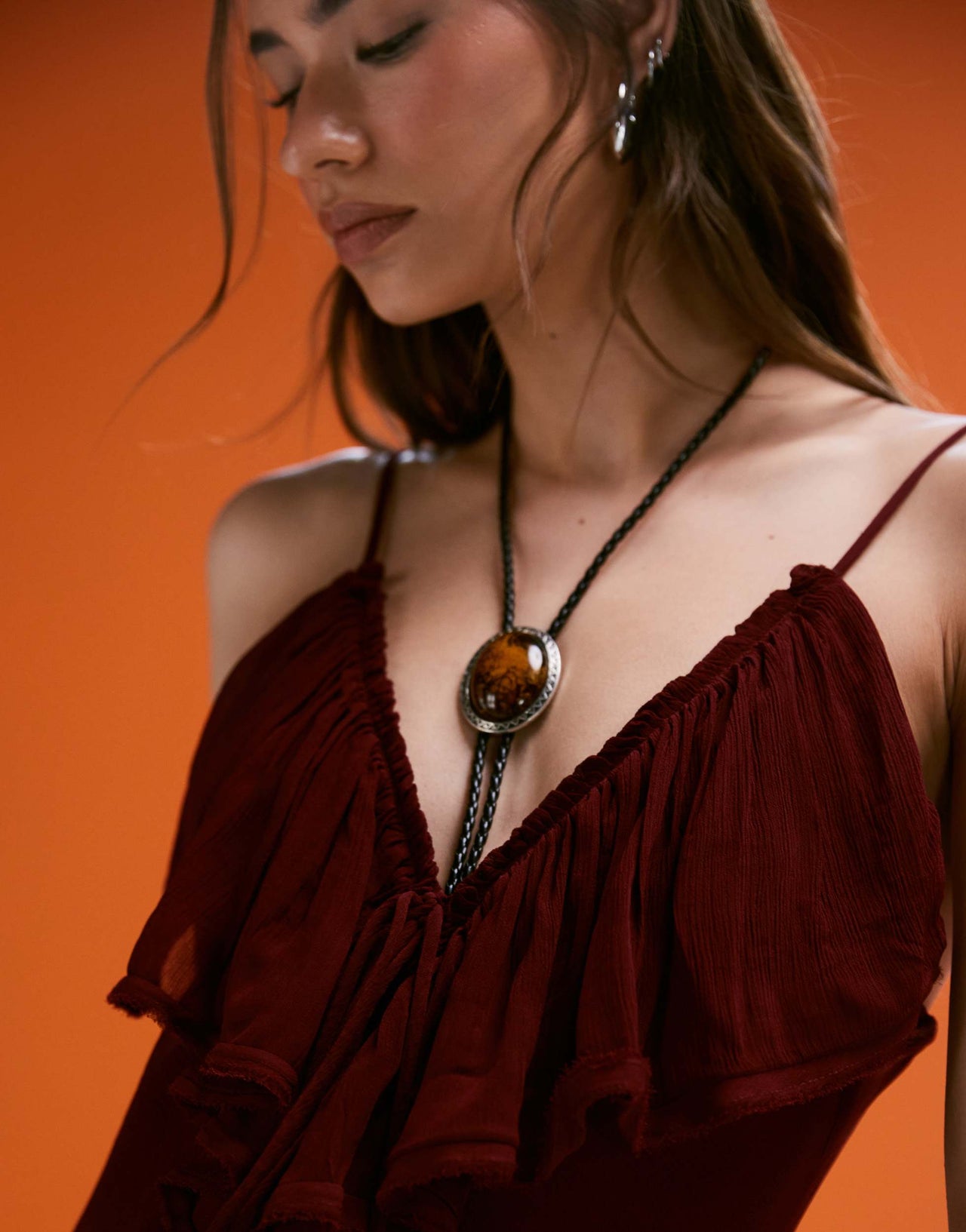 Mango ruffle front maxi dress in burgundy
