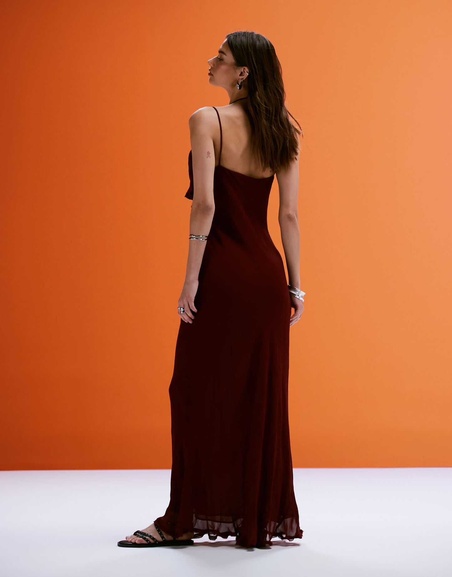 Mango ruffle front maxi dress in burgundy