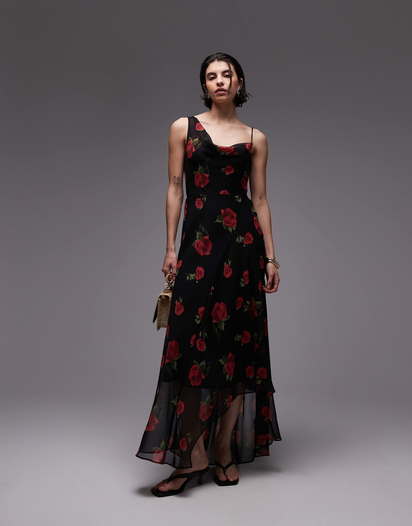 Mango one shoulder maxi dress in black floral print