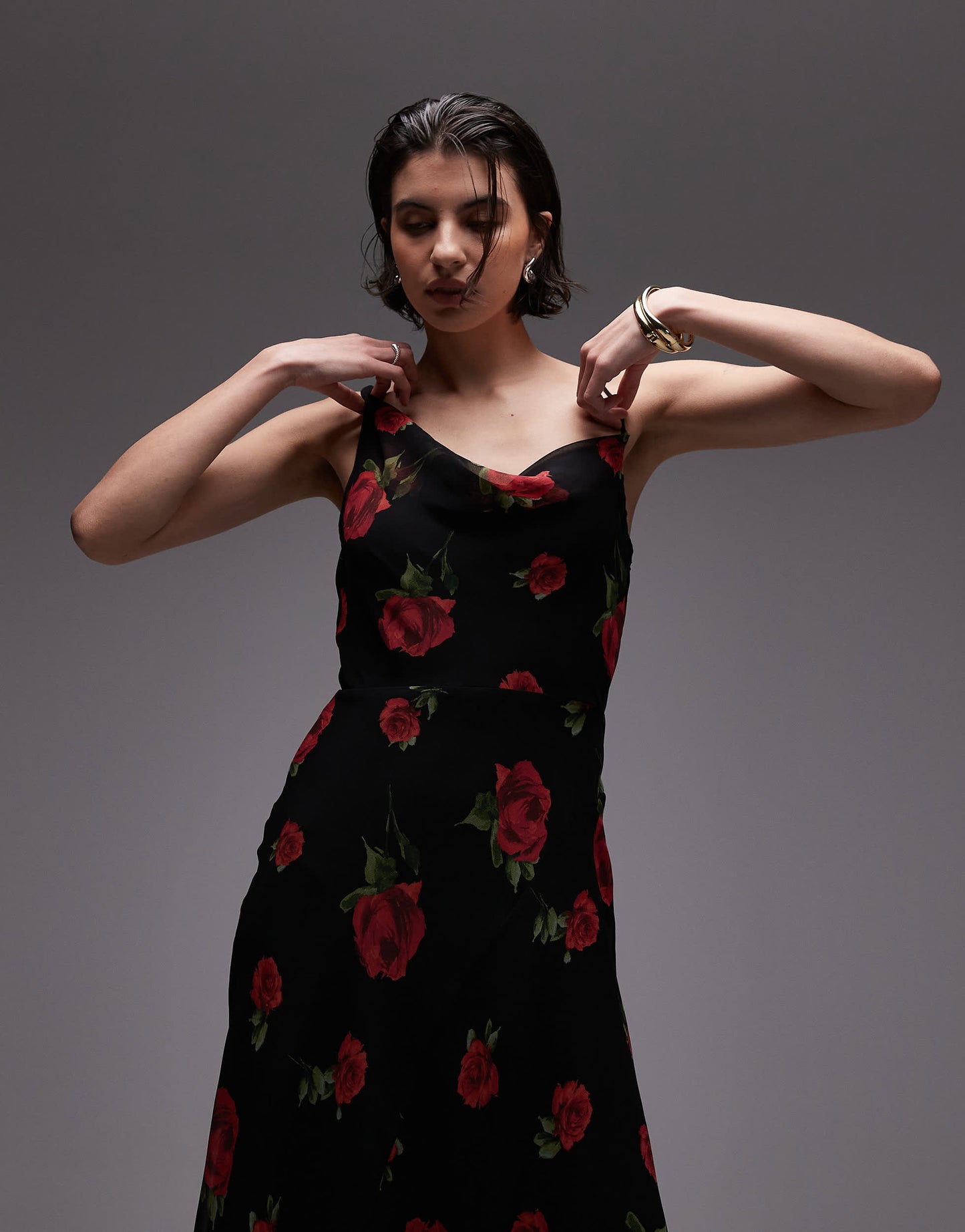 Mango one shoulder maxi dress in black floral print