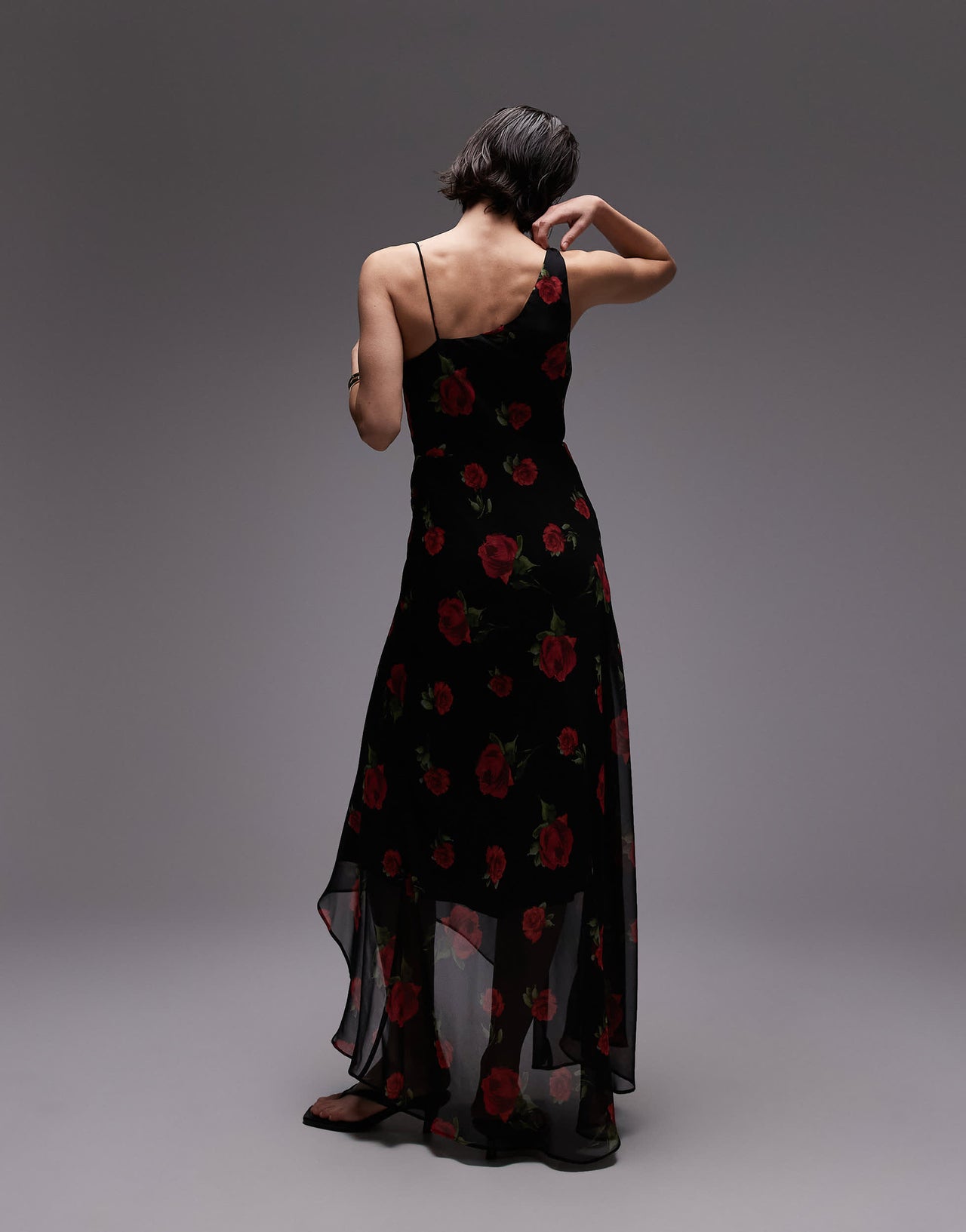 Mango one shoulder maxi dress in black floral print