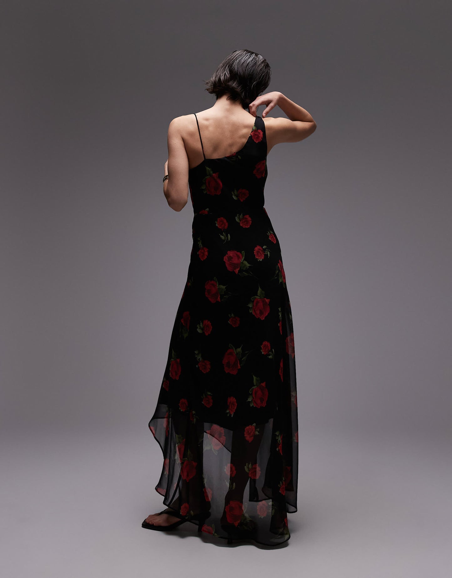 Mango one shoulder maxi dress in black floral print