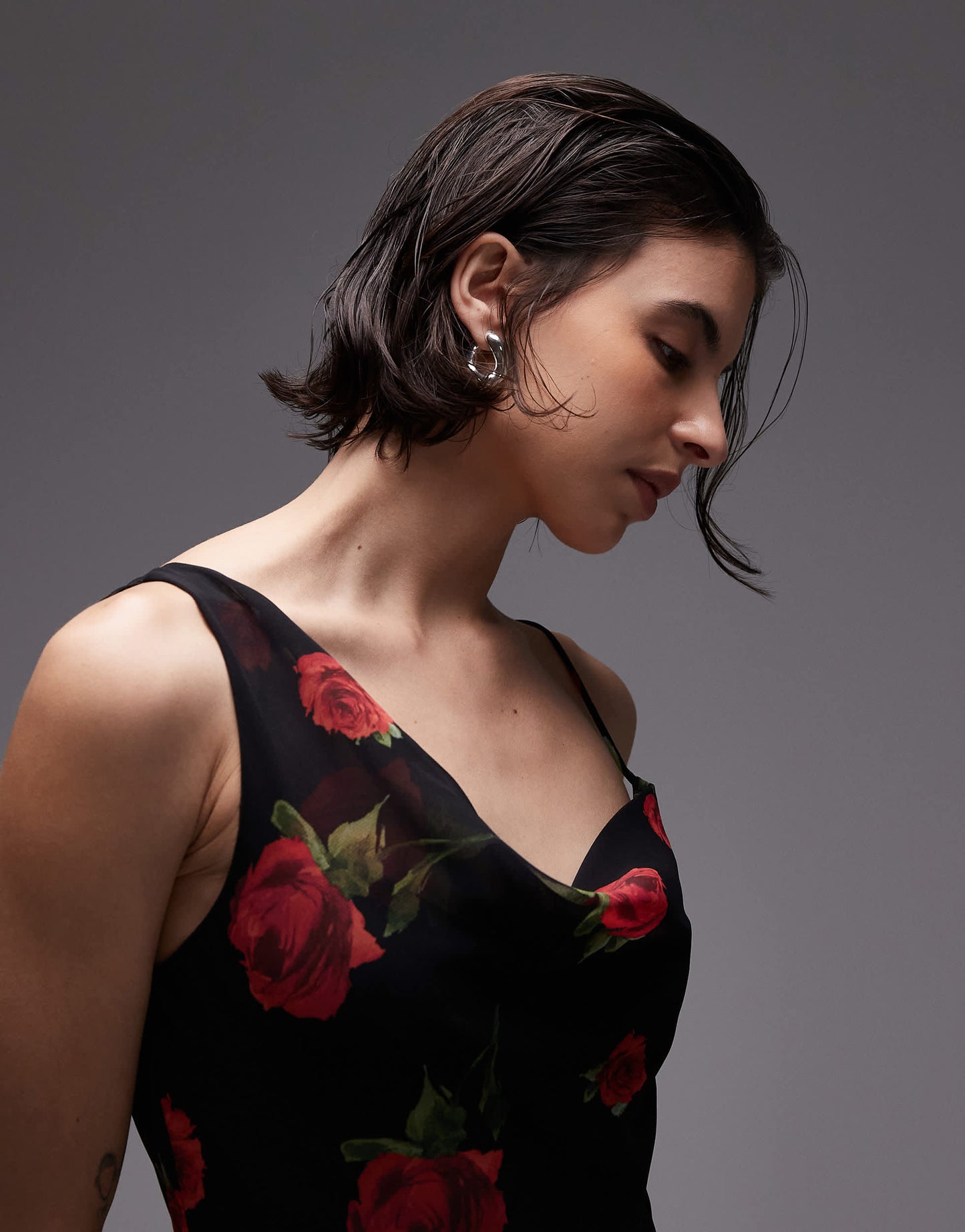 Mango one shoulder maxi dress in black floral print