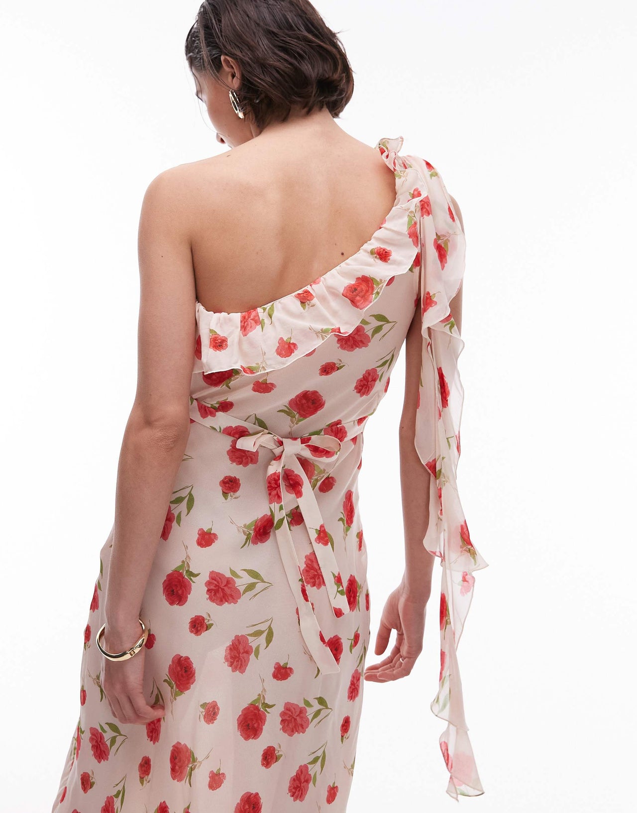 Mango one shoulder rose floral dress in light pink