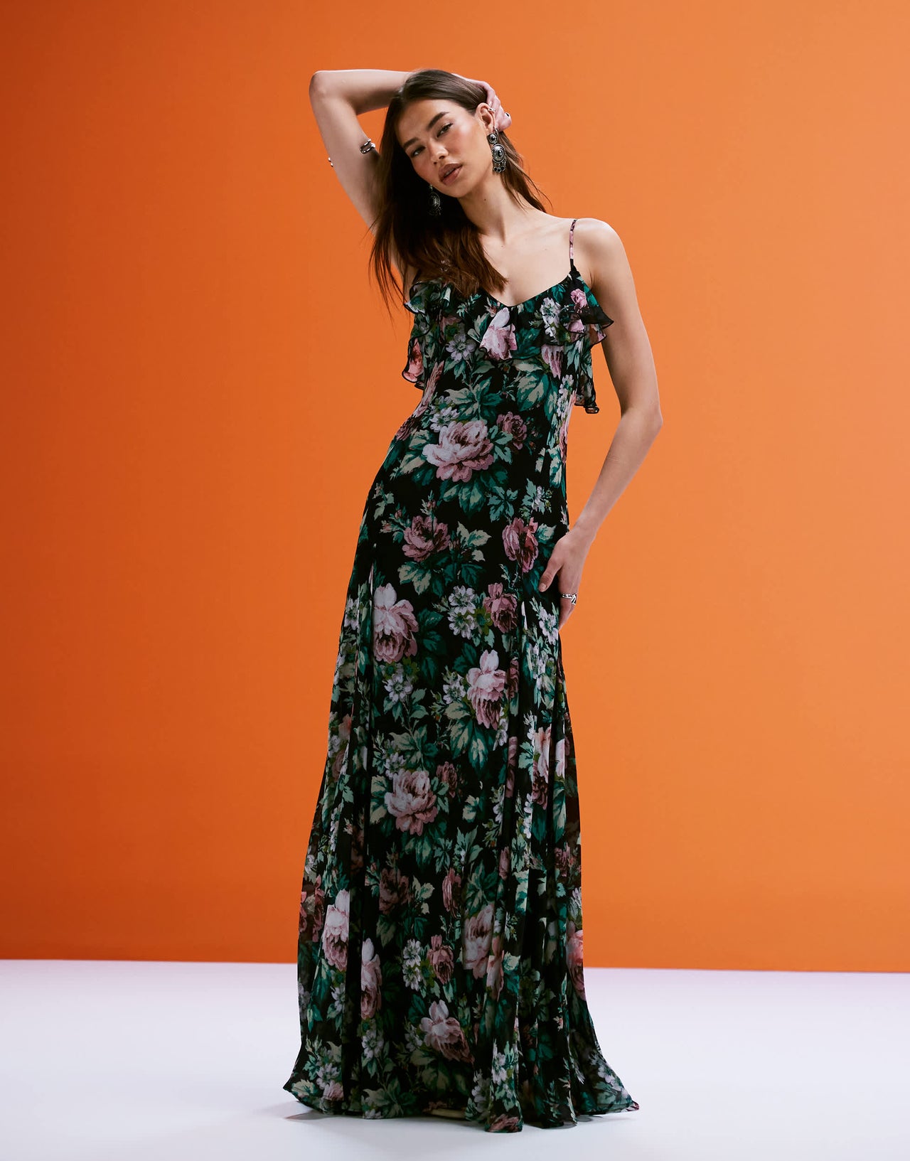 Mango chiffon ruffle maxi dress in deep floral print