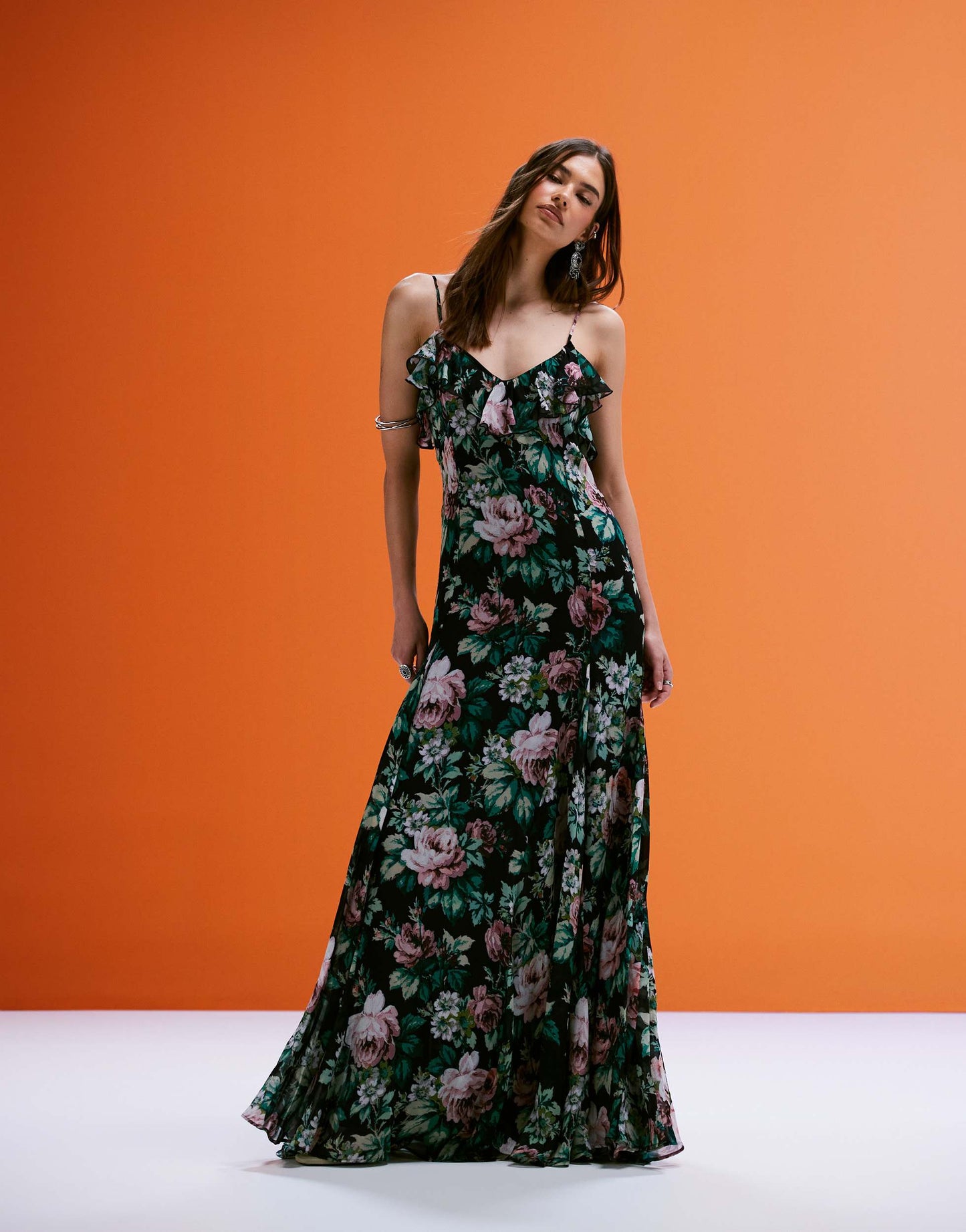 Mango chiffon ruffle maxi dress in deep floral print