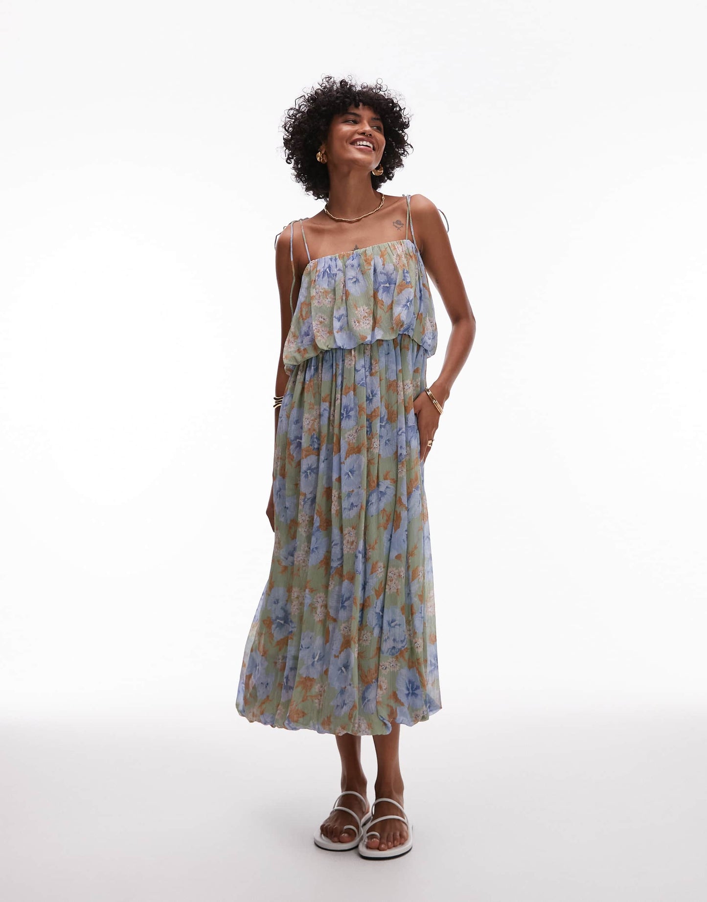 Mango pleated blown out volume skirt dress in pale blue