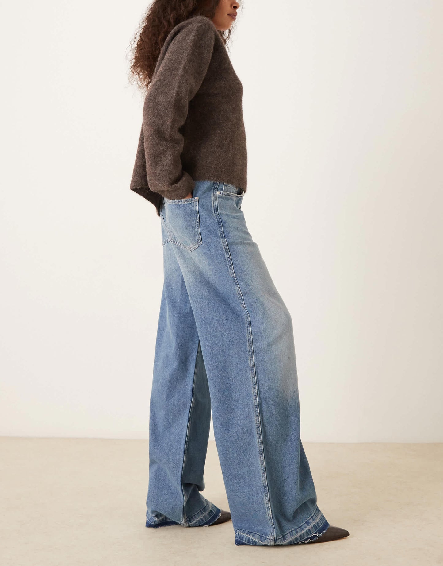 Mango Aba wide leg contrast hem jeans in blue