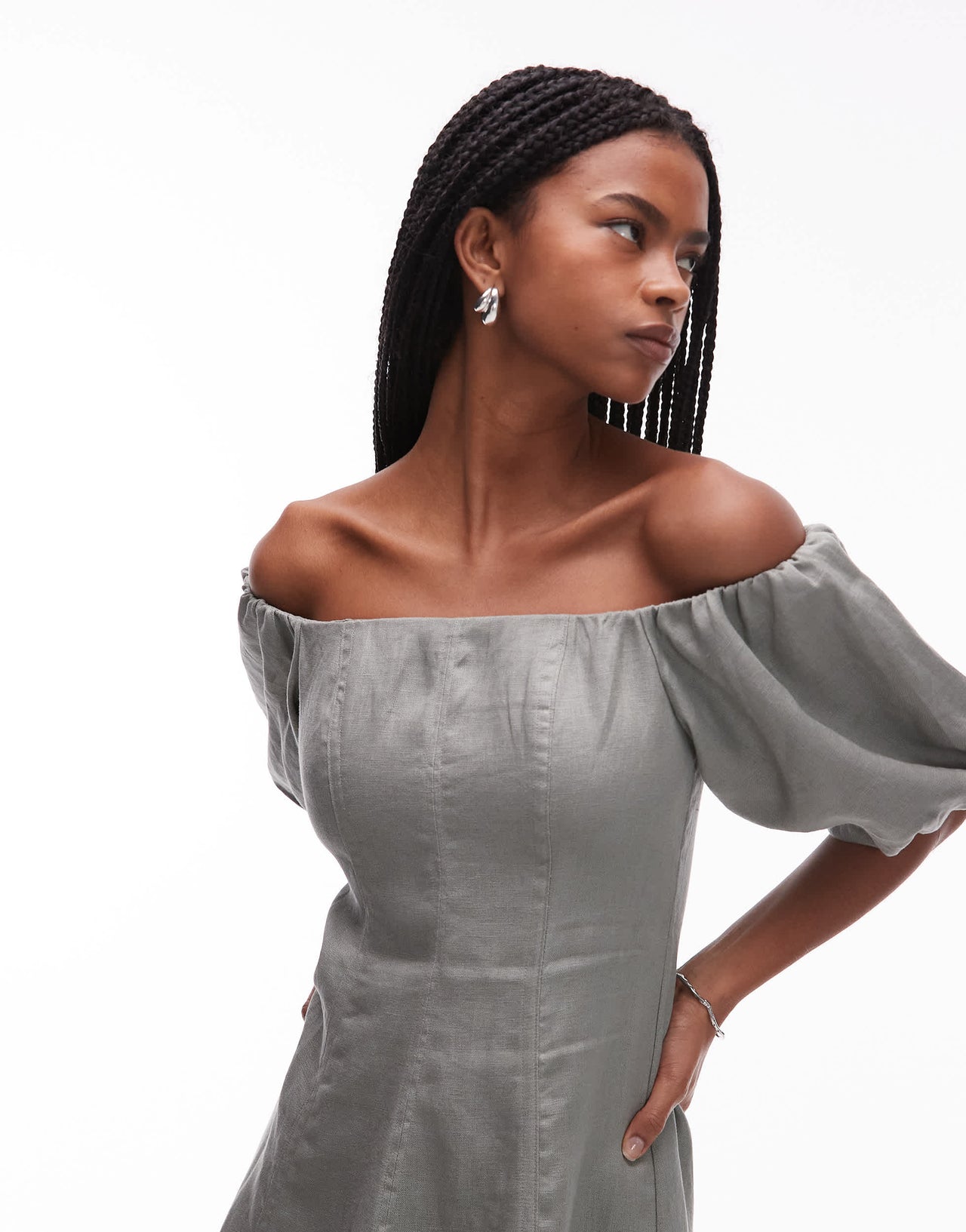 Mango linen puff sleeve midi dress in sage green