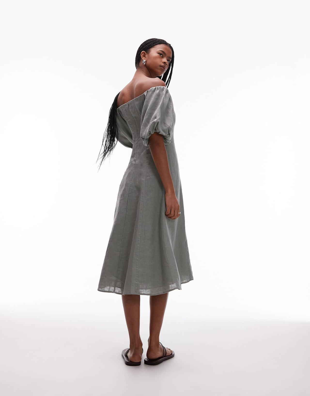 Mango linen puff sleeve midi dress in sage green