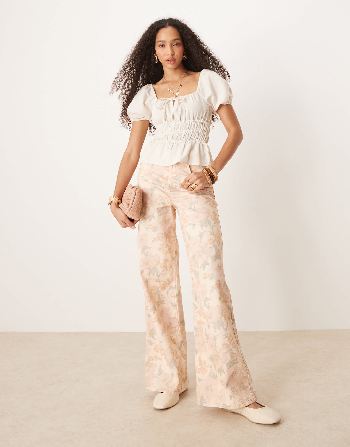Mango Aba washed floral jeans in pale pink